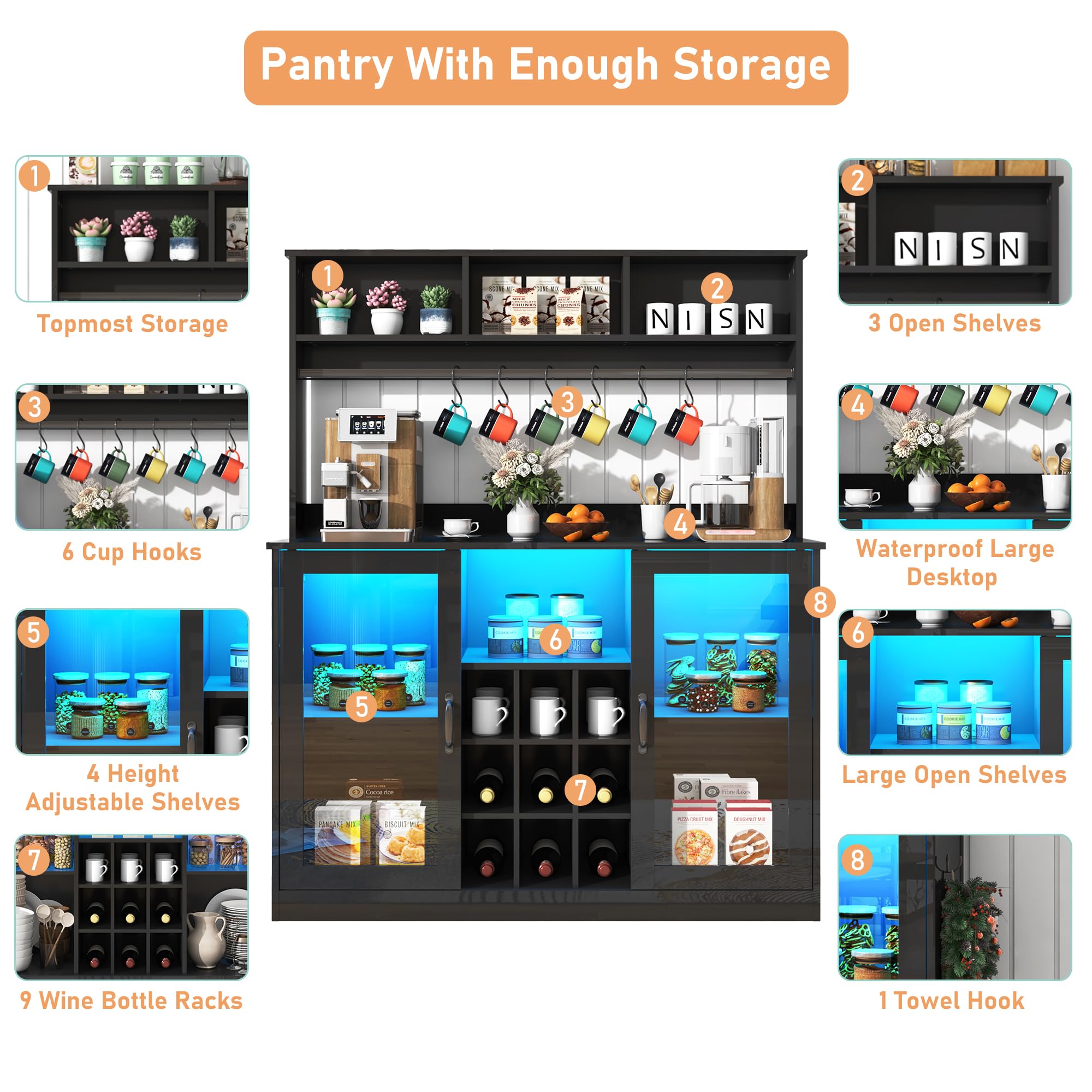 Blotout LED Kitchen Pantry Storage Cabinet with Power Outlet, 58" Tall Bar Cabinet with Lights, Adjustable Shelf, 9 Wine Racks, 6 Hooks , Morden Glass Door Cabinet with Storage, Black