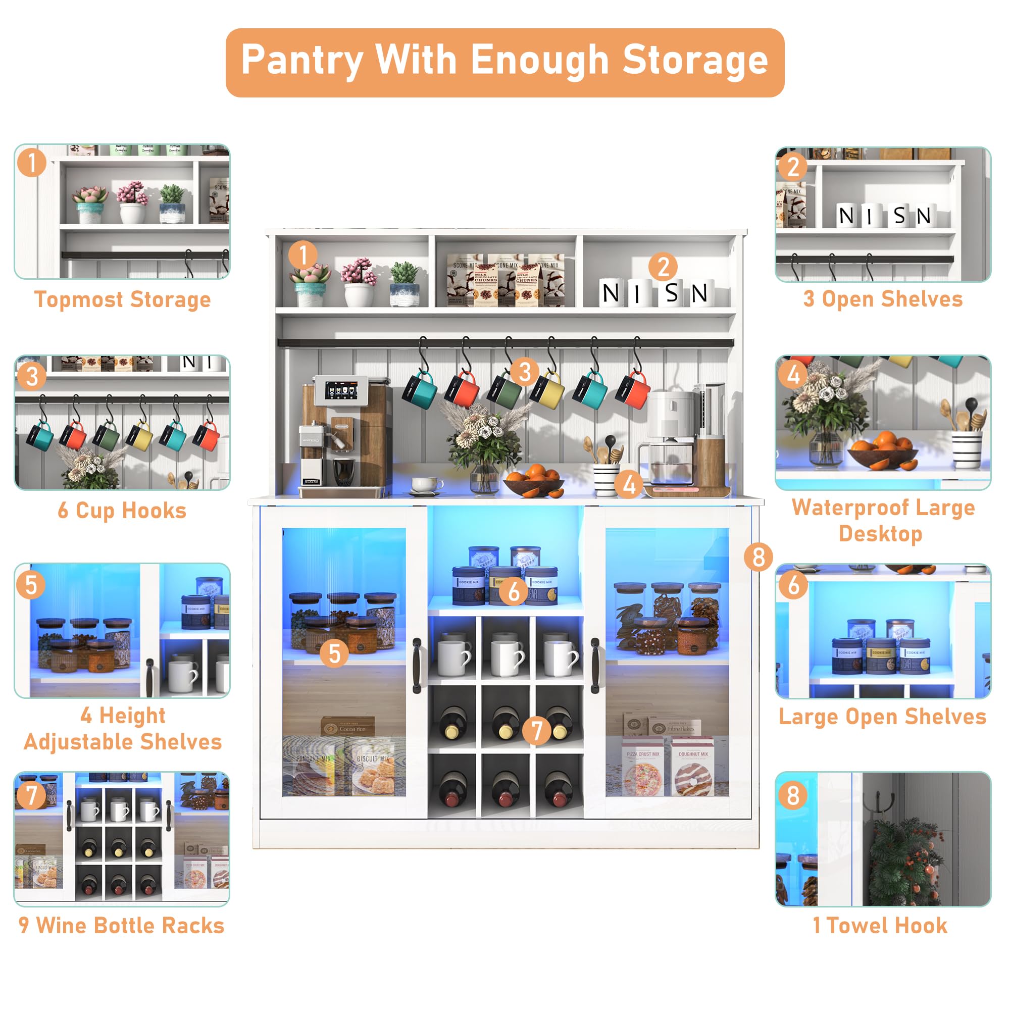 Blotout LED Kitchen Pantry Storage Cabinet with Power Outlet, 58" Tall Bar Cabinet with Lights, Adjustable Shelf, 9 Wine Racks, 6 Hooks , Morden Glass Door Cabinet with Storage, Black