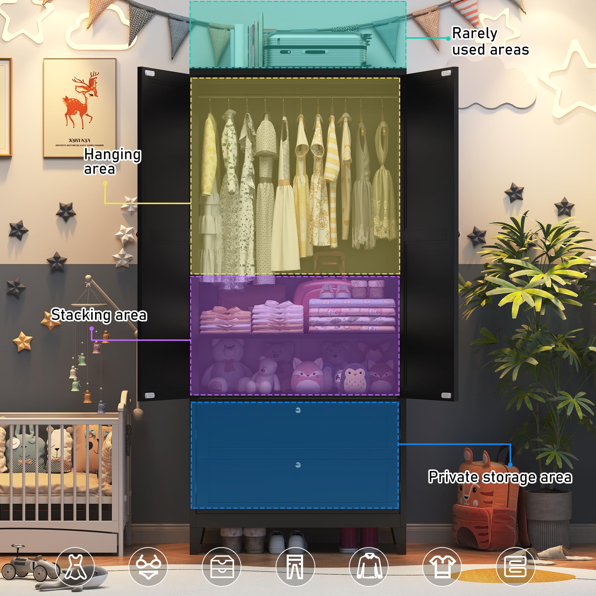 71" 2 Door Armoire Wardrobe Closet with 2 Drawers, Metal Armoire Closet Clothing Storage Cabinet with Hanging Rod & Adjustable Shelf for Bedroom Dorm