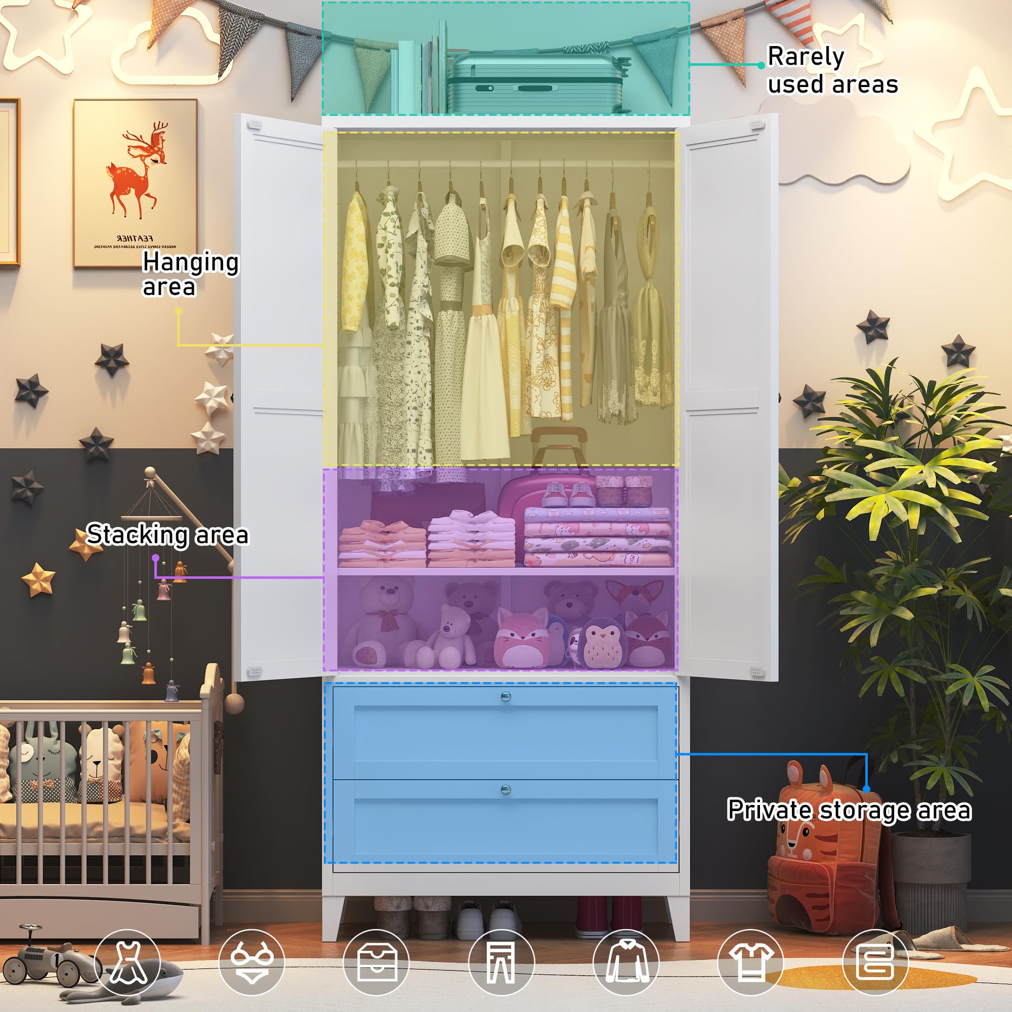 71" 2 Door Armoire Wardrobe Closet with 2 Drawers, Metal Armoire Closet Clothing Storage Cabinet with Hanging Rod & Adjustable Shelf for Bedroom Dorm