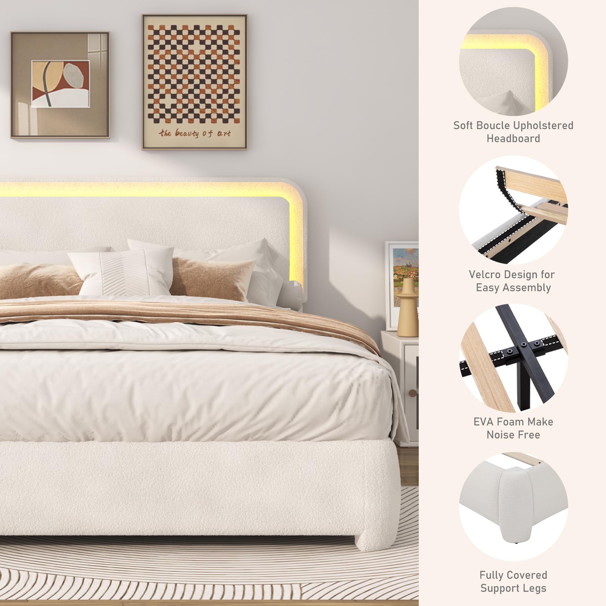 Boucle Bed Frame with LED Light & Adjustable Headboard, Upholstered Platform Bed with Soft Curved Corners