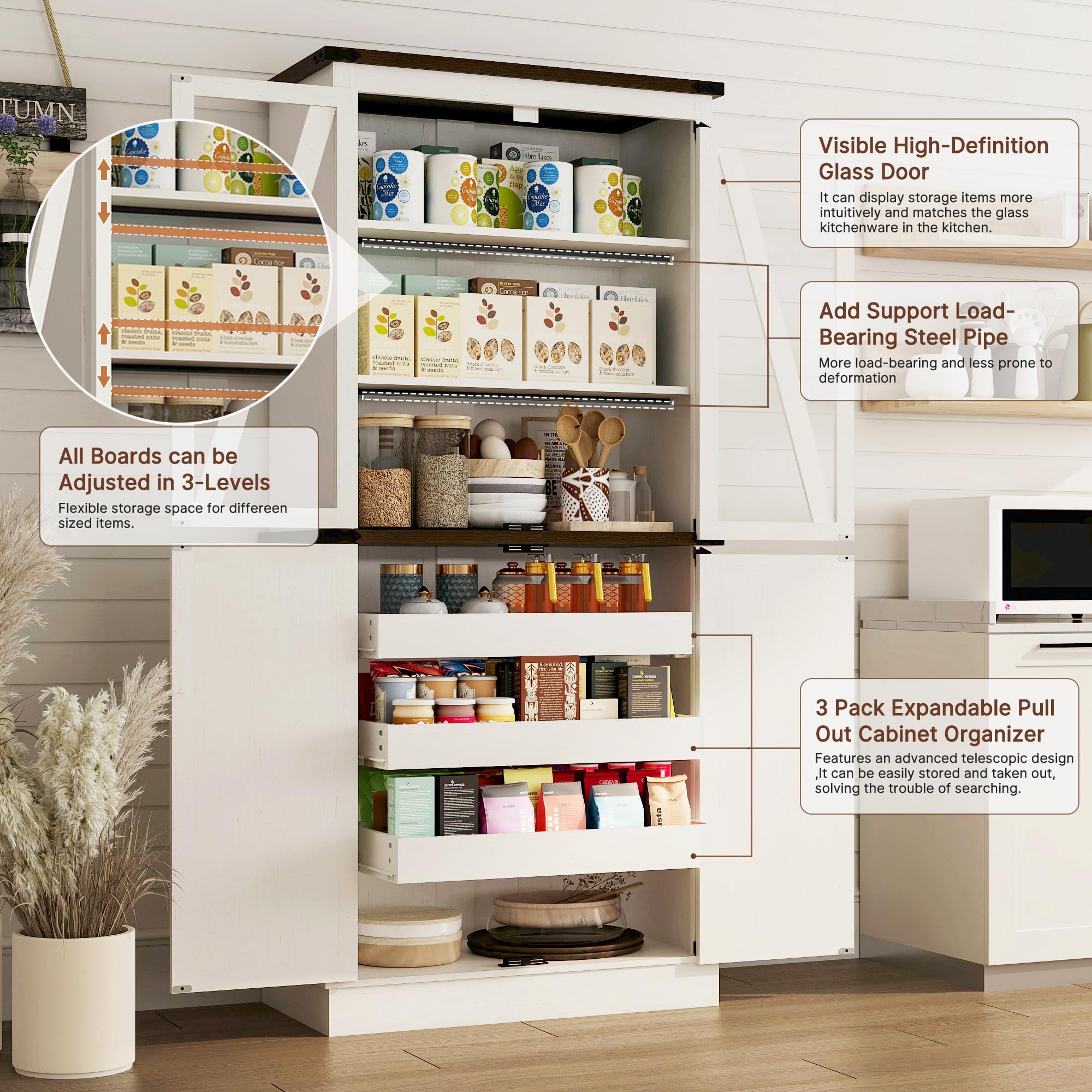 71" Farmhouse Kitchen Pantry Cabinet, Tall Storage Cabinet Wood Food Pantry with Barn Doors and Adjustable Shelves Versatile Storage Freestanding Cupboard for Kitchen