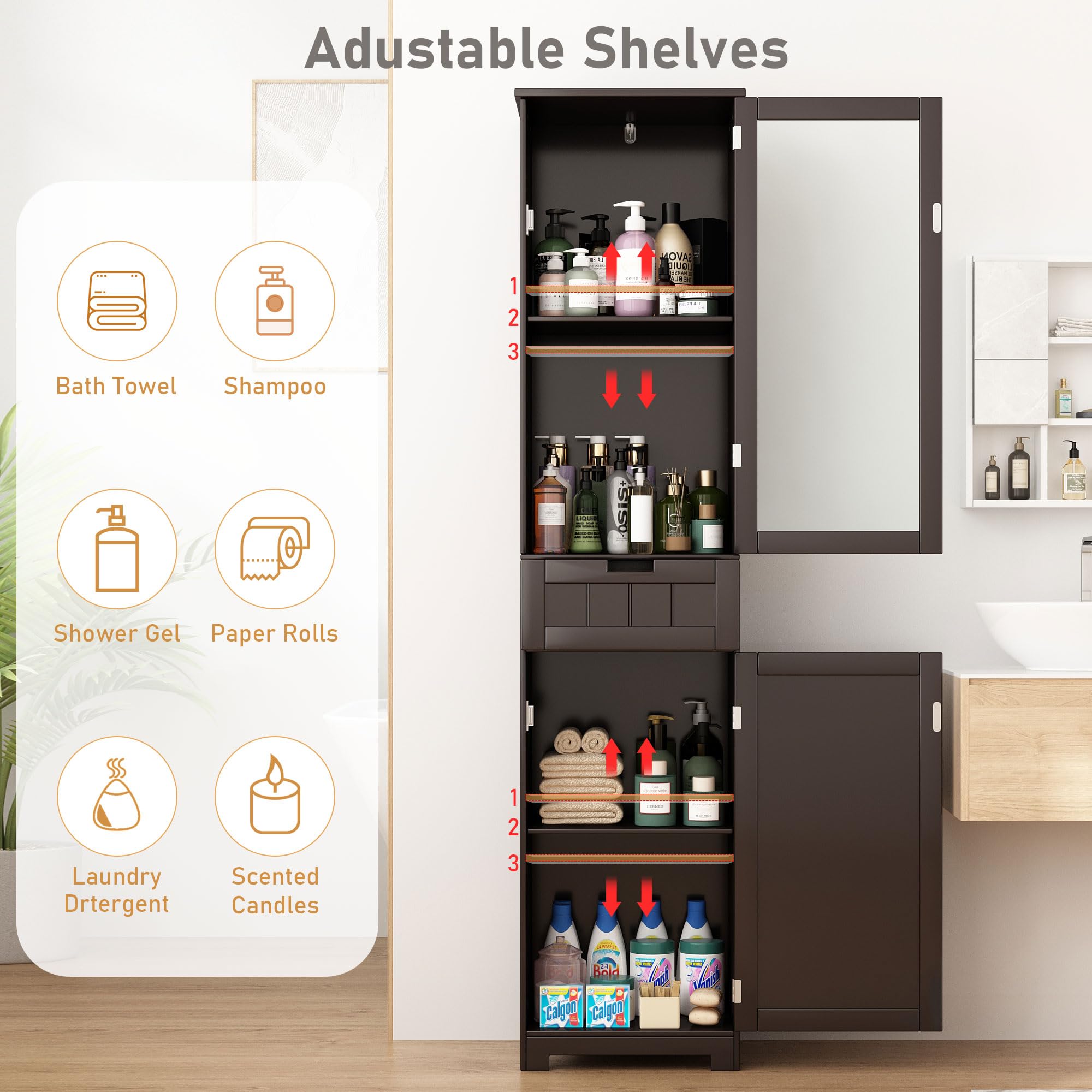 Blotout 64" White Tall Bathroom Cabinet, 6 Shelf Morden Bathroom Storage Cabinet with 4 Doors/Adjustable Shelf,Floor Freestanding Cabinet for Bathroom,Kitchen,Living Room