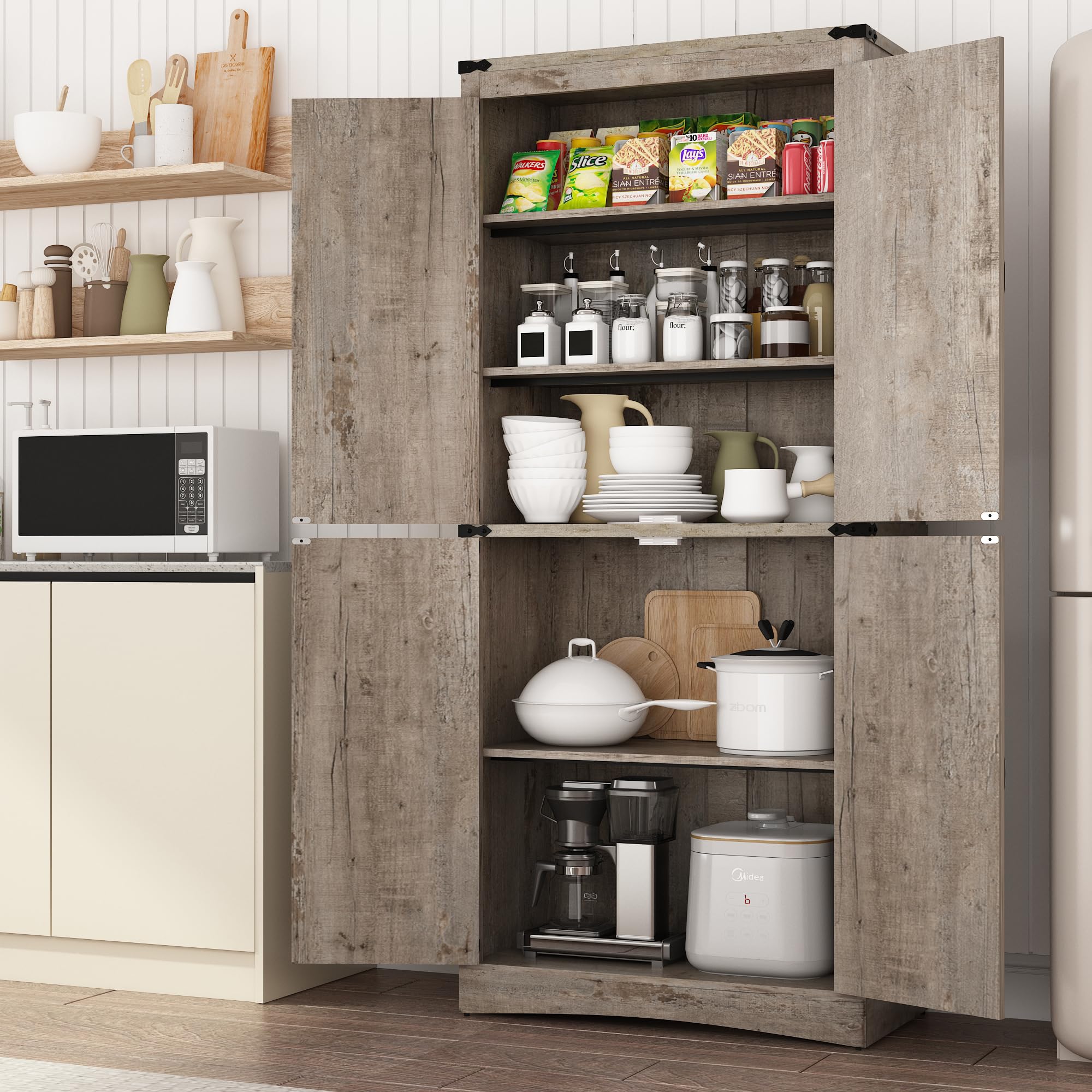 71" Tall Farmhouse Kitchen Pantry Cabinet, 5 Layers Storage Cabinet with Adjustable Shelves, Farmhouse Pantry Cabinet with 4 Barn Doors for Kitchen, Dining Room, Bathroom, Living Room, Rustic White