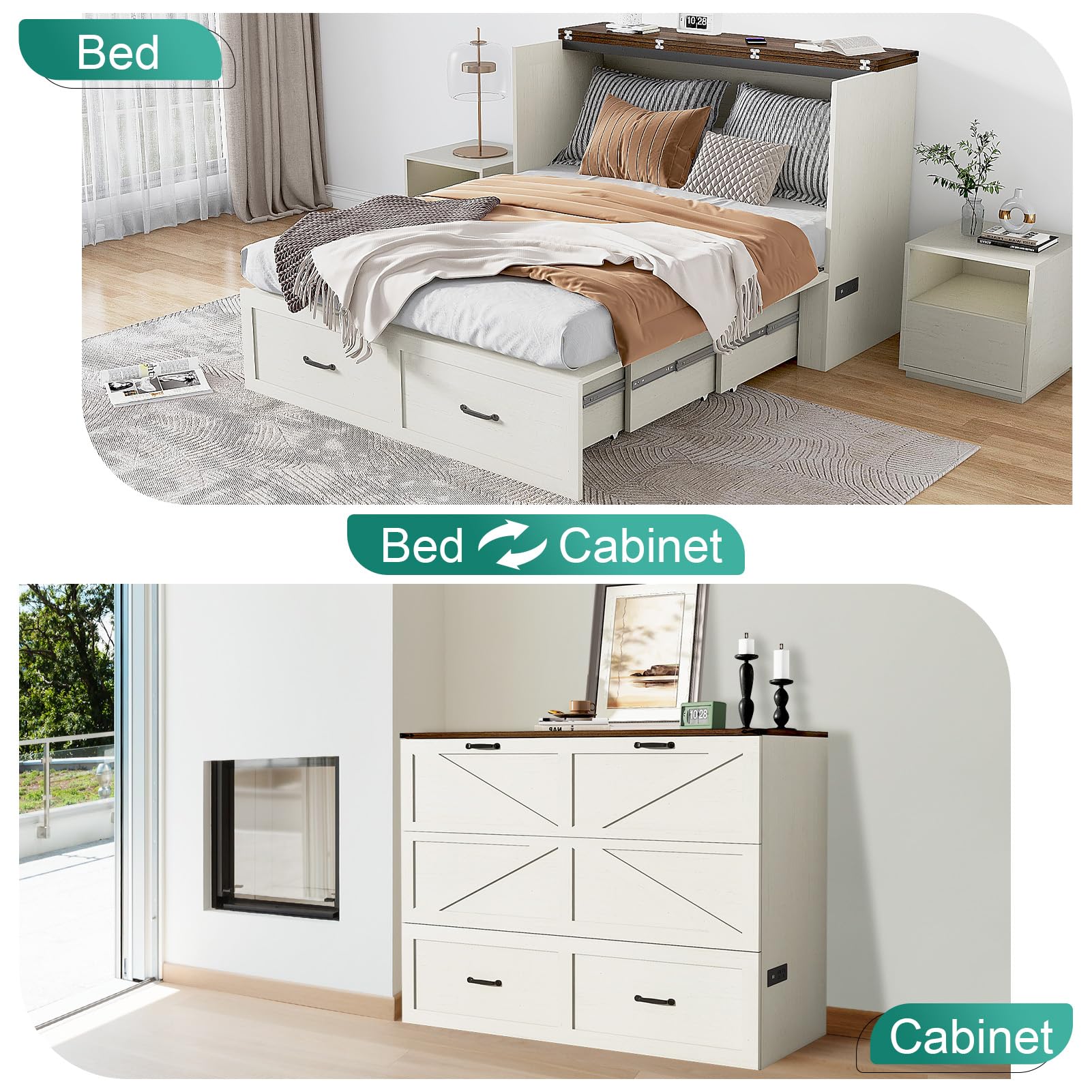 ANPOO Full Size Murphy Chest Bed with 2 Drawers & Power Outlets, Farmhouse Wood 2 in 1 Convertible Chest Bed Cabinet with Storage, Multifunctional Storage Cabinet Bed for Bedroom,Office,White