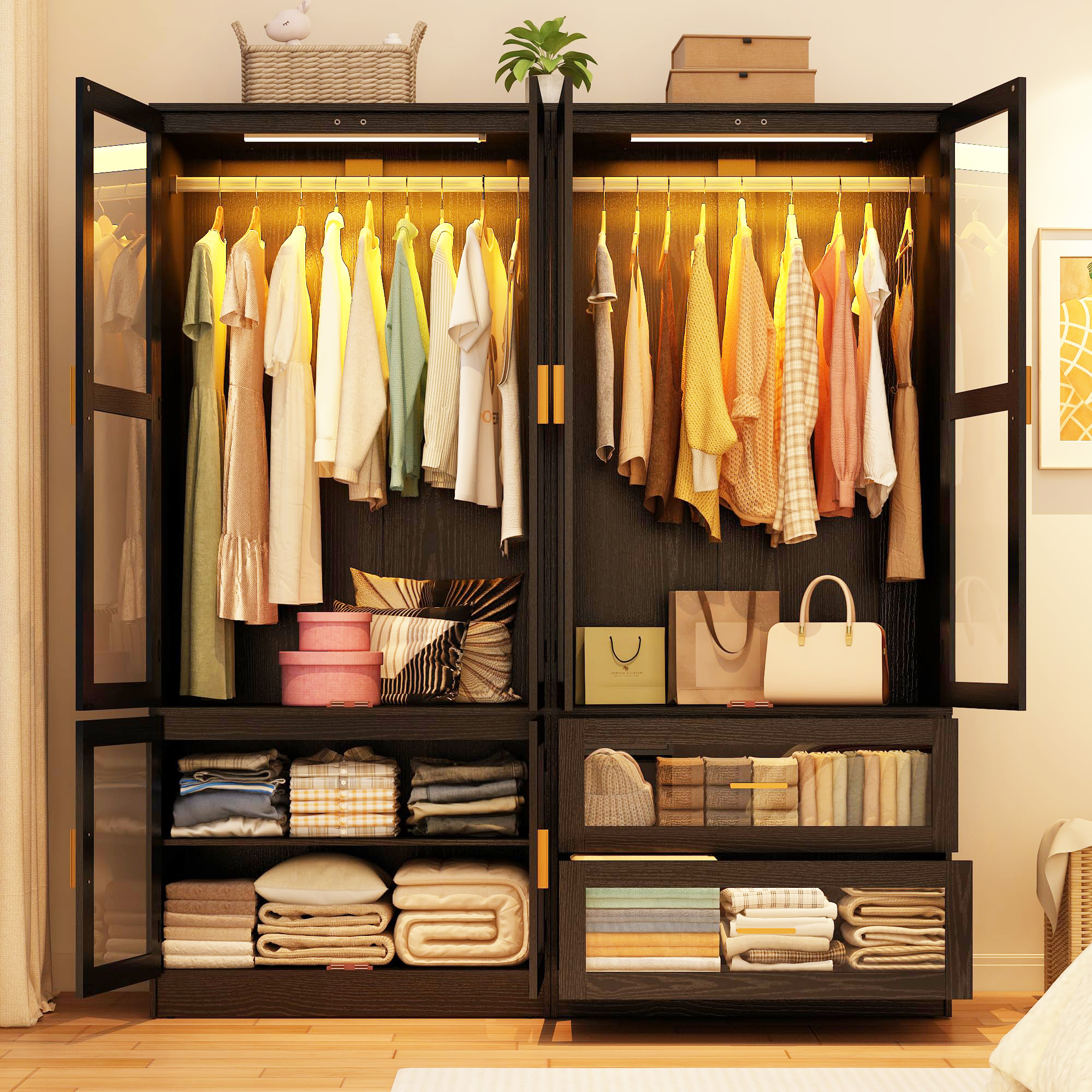 4 Glass Door Armoire Wardrobe Closet with Mirror & LED