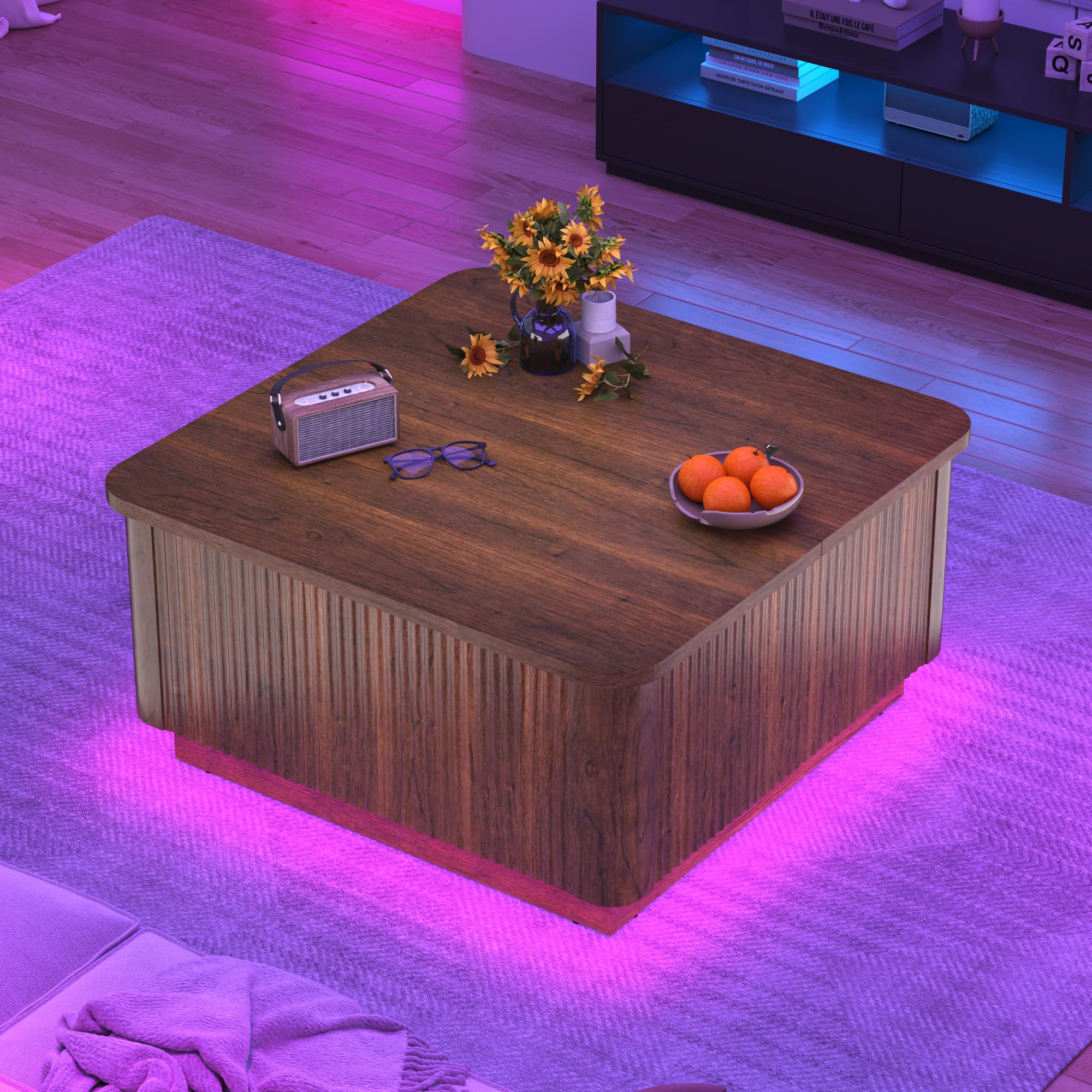 Blotout 35.4" Square Fluted Coffee Table with Lift Top and LED Lights, Wood Curved Design Center Table for Living Room, Modern Multi-Function Coffee Table with Large Hidden Space for Home,Office