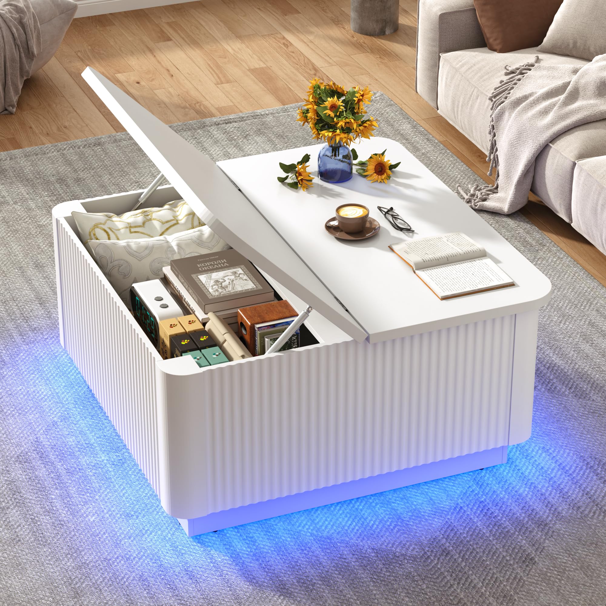 Blotout 35.4" Square Fluted Coffee Table with Lift Top and LED Lights, Wood Curved Design Center Table for Living Room, Modern Multi-Function Coffee Table with Large Hidden Space for Home,Office