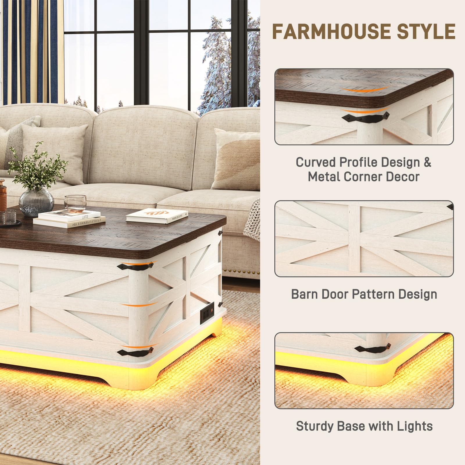Blotout Farmhouse Lift Top Coffee Table with LED Light and Power Outlets, 36" Square Wood Living Room Storage Tables with Large Hidden Space, Lift Wooden Barn Door Center Table
