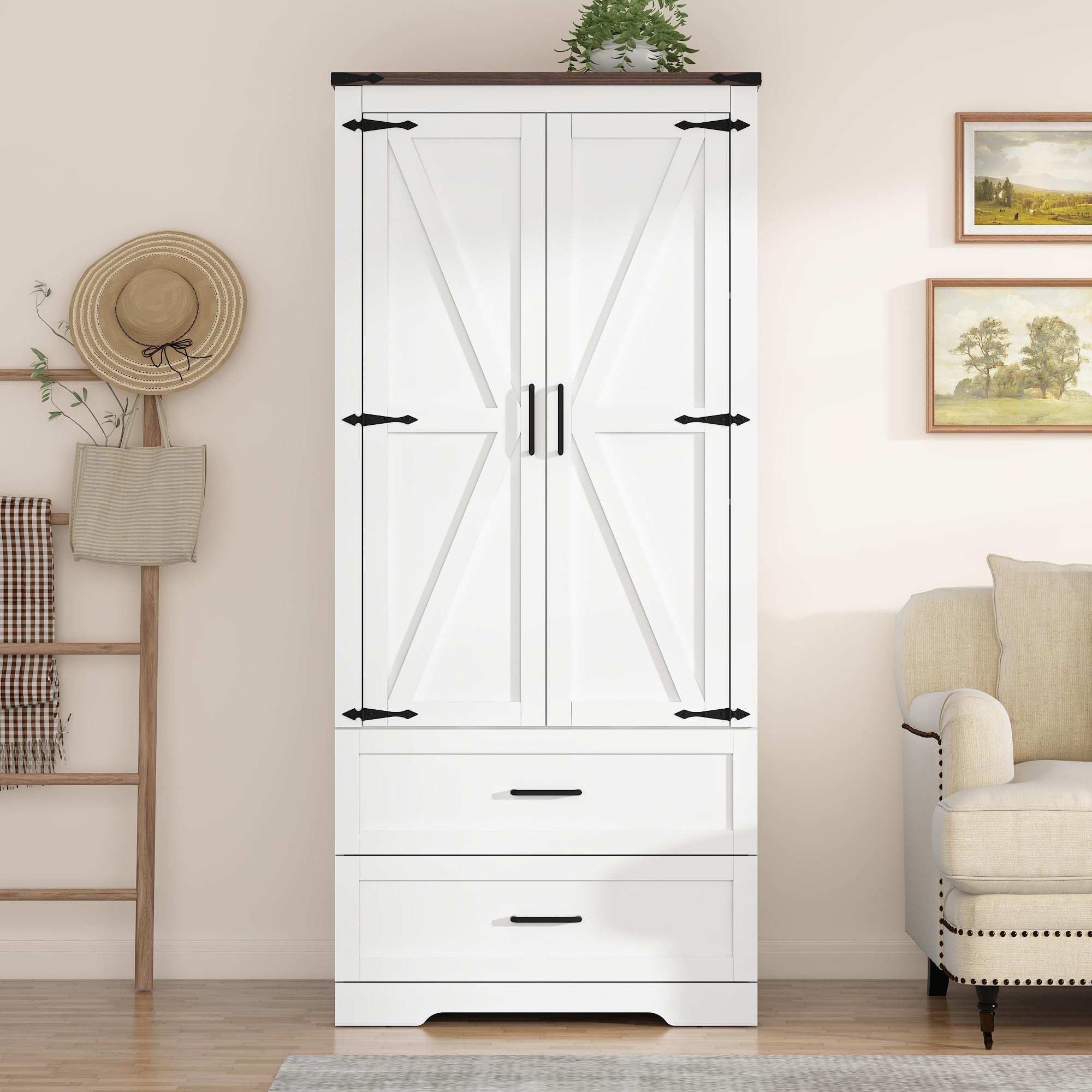 Blotout 2 Door Farmhouse Armoire Wardrobe Closet With 2 Drawers, 70" Tall Wooden Wardrobe Cabinet with Hanging Rod and Adjustable Shelves for Bedroom, White