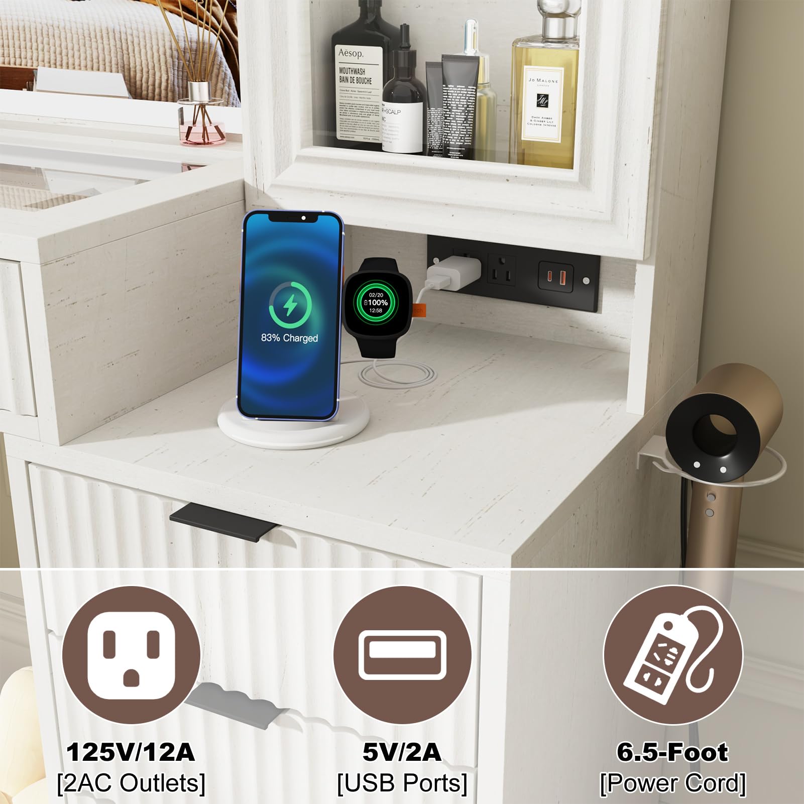 55" Large Vanity Desk with Mirror & Lights, Glass Top Vanity Desk with Charging Station & Compartment Storage Drawers, Fluted Makeup Vanity Table with 9 Drawers/6 Shelves/2 Glass Cabinets, Oak