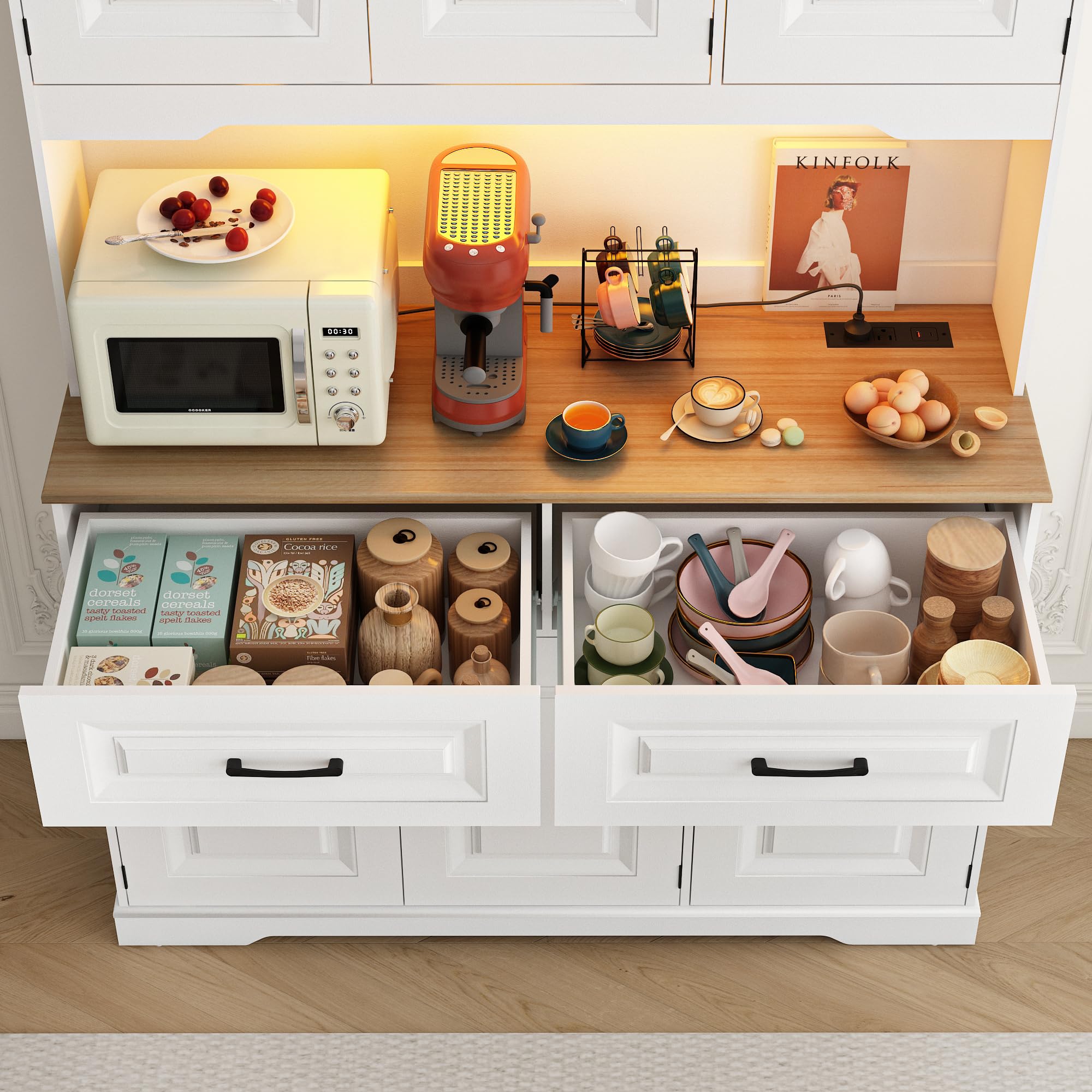 71" Tall Kitchen Pantry Cabinet with 6 Doors Shelves & Led Lights & Charge Station, 47" Wide Freestanding Farmhouse Cupboard with 2 Drawer,6 Doors Storage,Adjustable Shelves,Open Countertop, Black