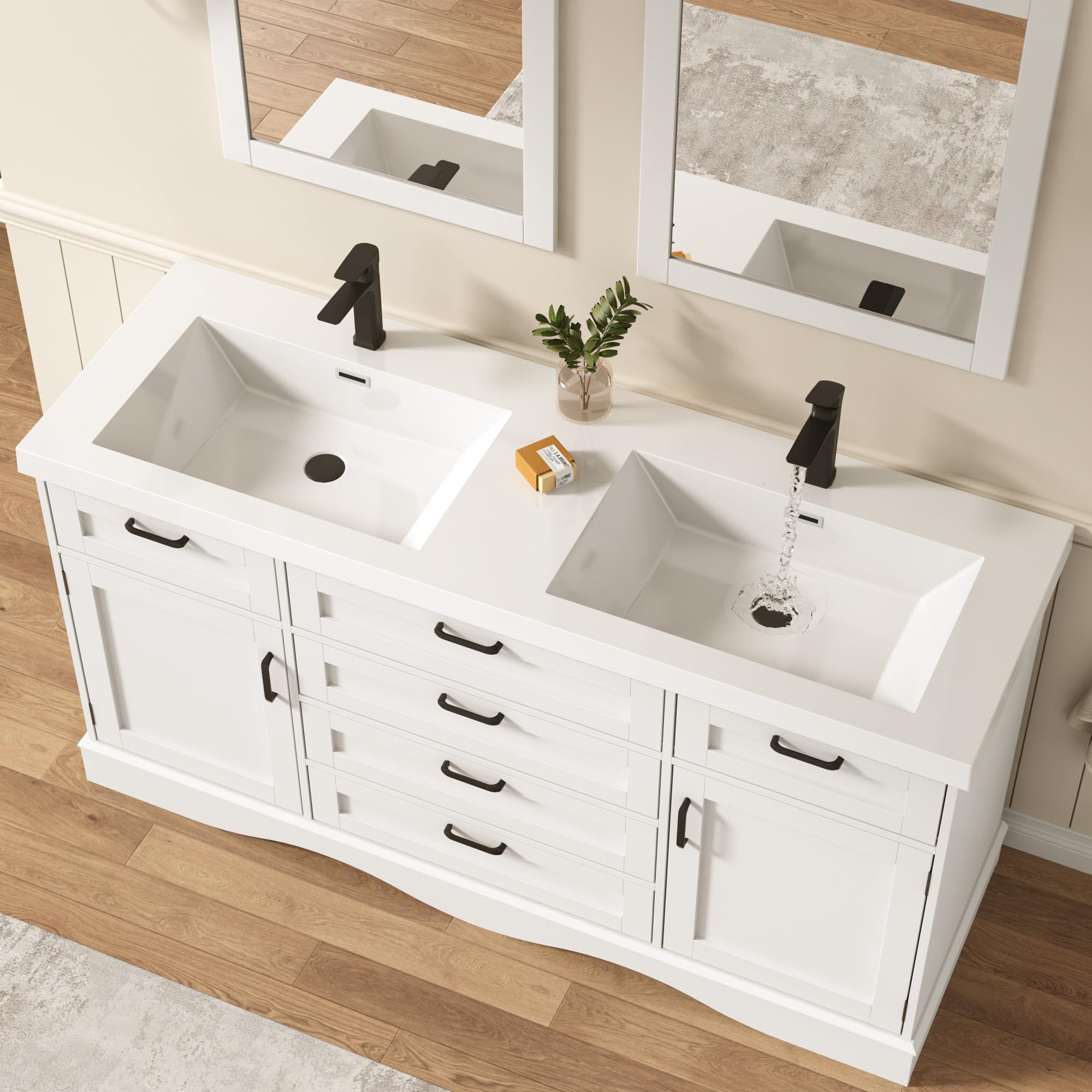  59" Modern Double Bathroom Vanity with Sink Combo, Bathroom Storage Cabinet with 2 Storage Doors and 6 Drawers
