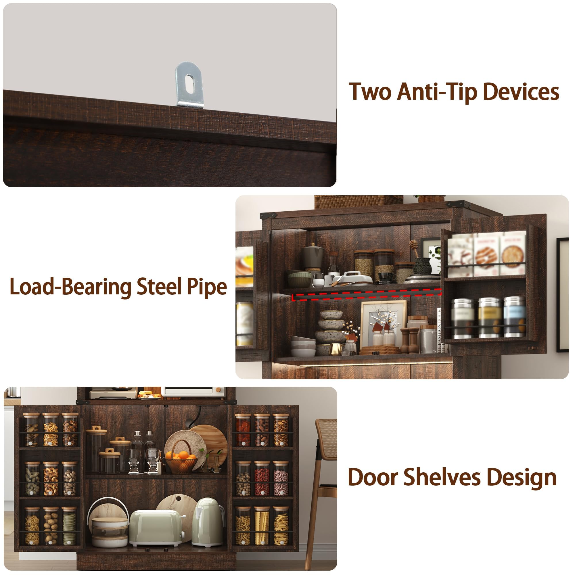 72" Tall Farmhouse Kitchen Pantry Cabinet with 10 Side Shelves and LED Light & Power Outlet, 5 Layers Pantry Storage Cabinet with Barn Doors&Load-Bearing Steel Pipe for Dining Room,Living Room