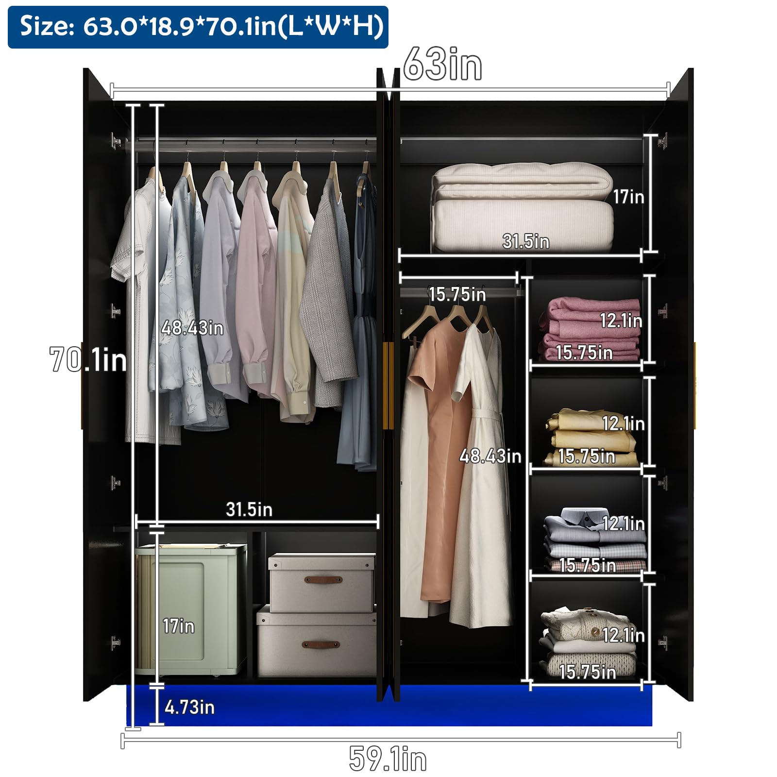 4 Door Wardrobe Armoire with LED Light, 70" Large Wooden Closet Storage with Hanging Rods & Multi-Layer Shelves for Large Bedroom