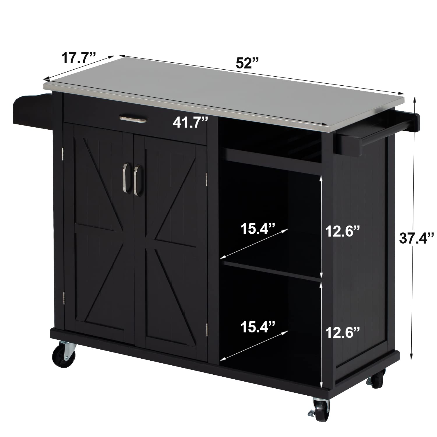 Kitchen Cart with Stainless Steel Top and Wine Rack, Rolling Kitchen Island on Wheels with Drawer & Open Shelves & Spice Rack