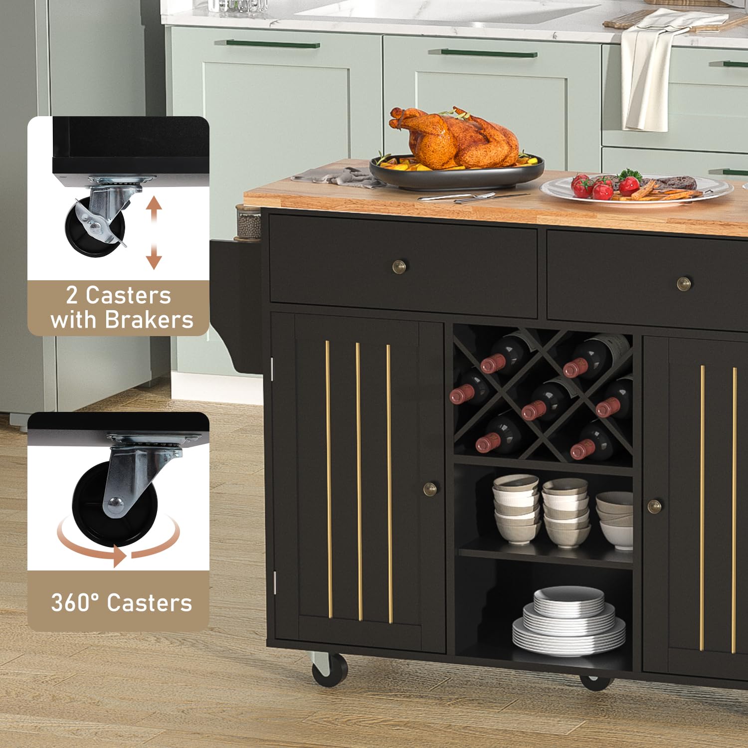 Rolling Kitchen Island Cart with Drop-Leaf and Wine Rack, Ktichen Serving Cart on Wheels w/ Cabinet Drawer & Shelves & Spice Rack & Towel Bar