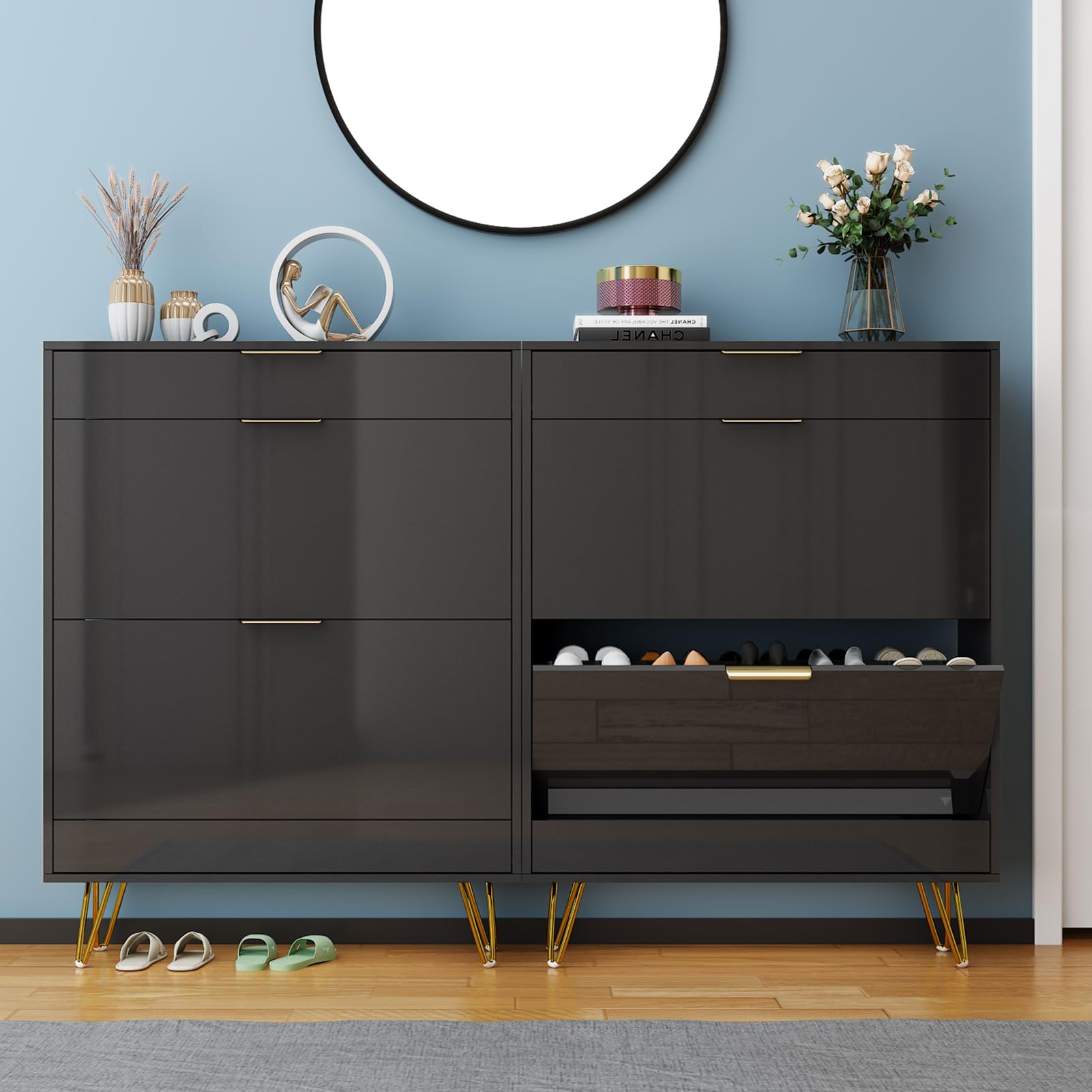 Wood Shoe Cabinet Shoe Rack with Flip Doors, High Gloss Slim 24 Pairs Shoes Storage Rack