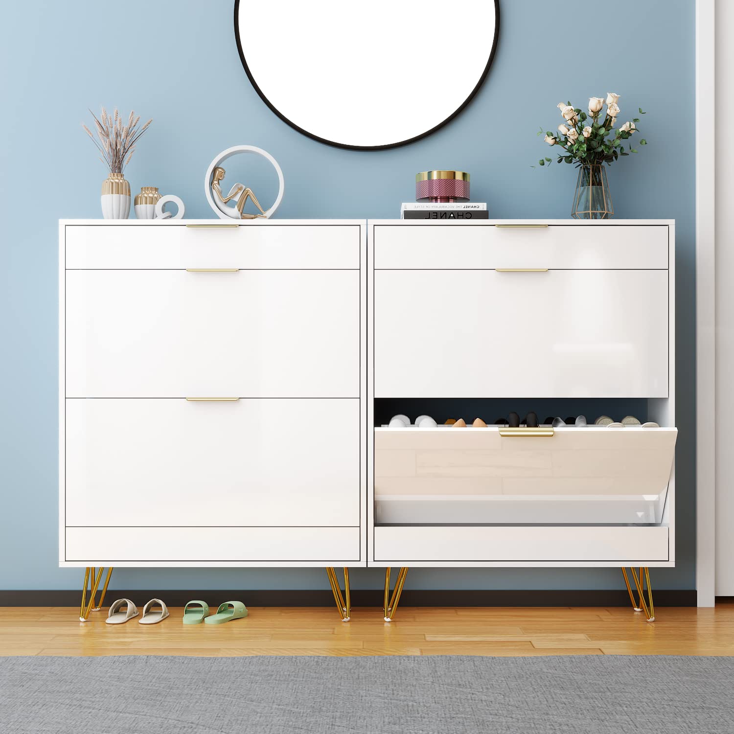 Wood Shoe Cabinet Shoe Rack with Flip Doors, High Gloss Slim 24 Pairs Shoes Storage Rack