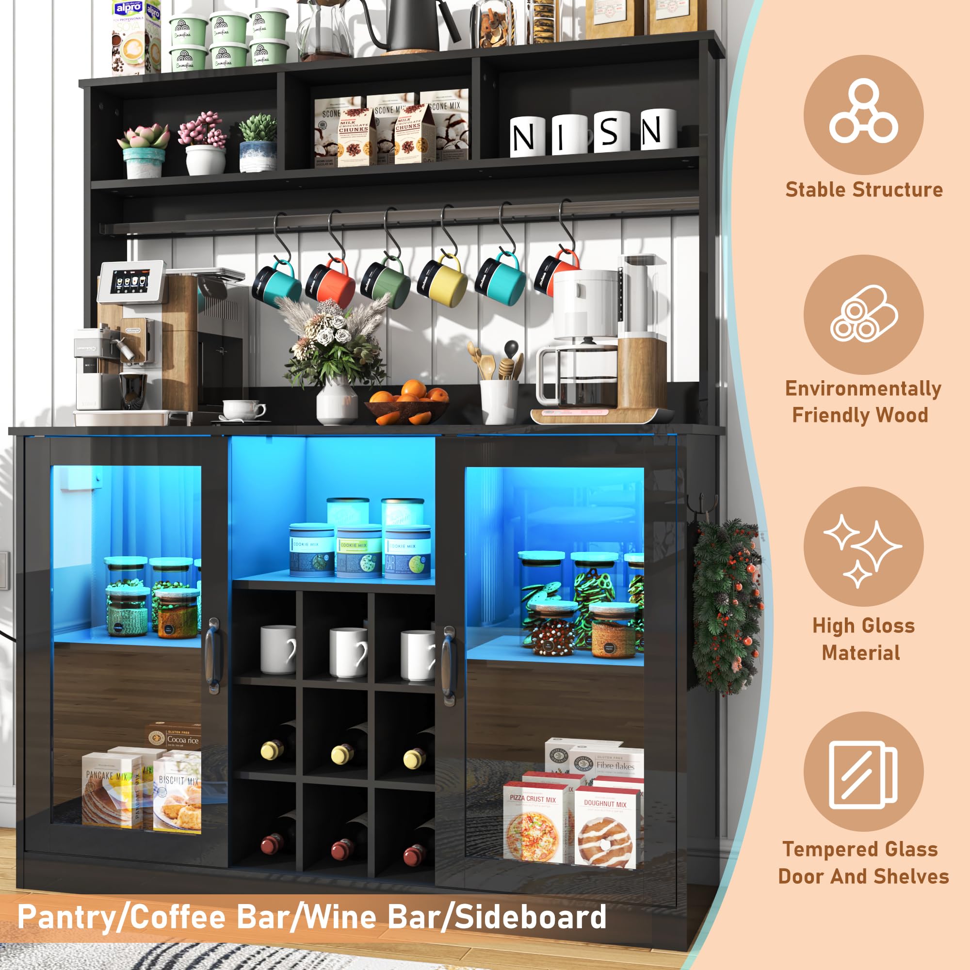 Blotout LED Kitchen Pantry Storage Cabinet with Power Outlet, 58" Tall Bar Cabinet with Lights, Adjustable Shelf, 9 Wine Racks, 6 Hooks , Morden Glass Door Cabinet with Storage, Black