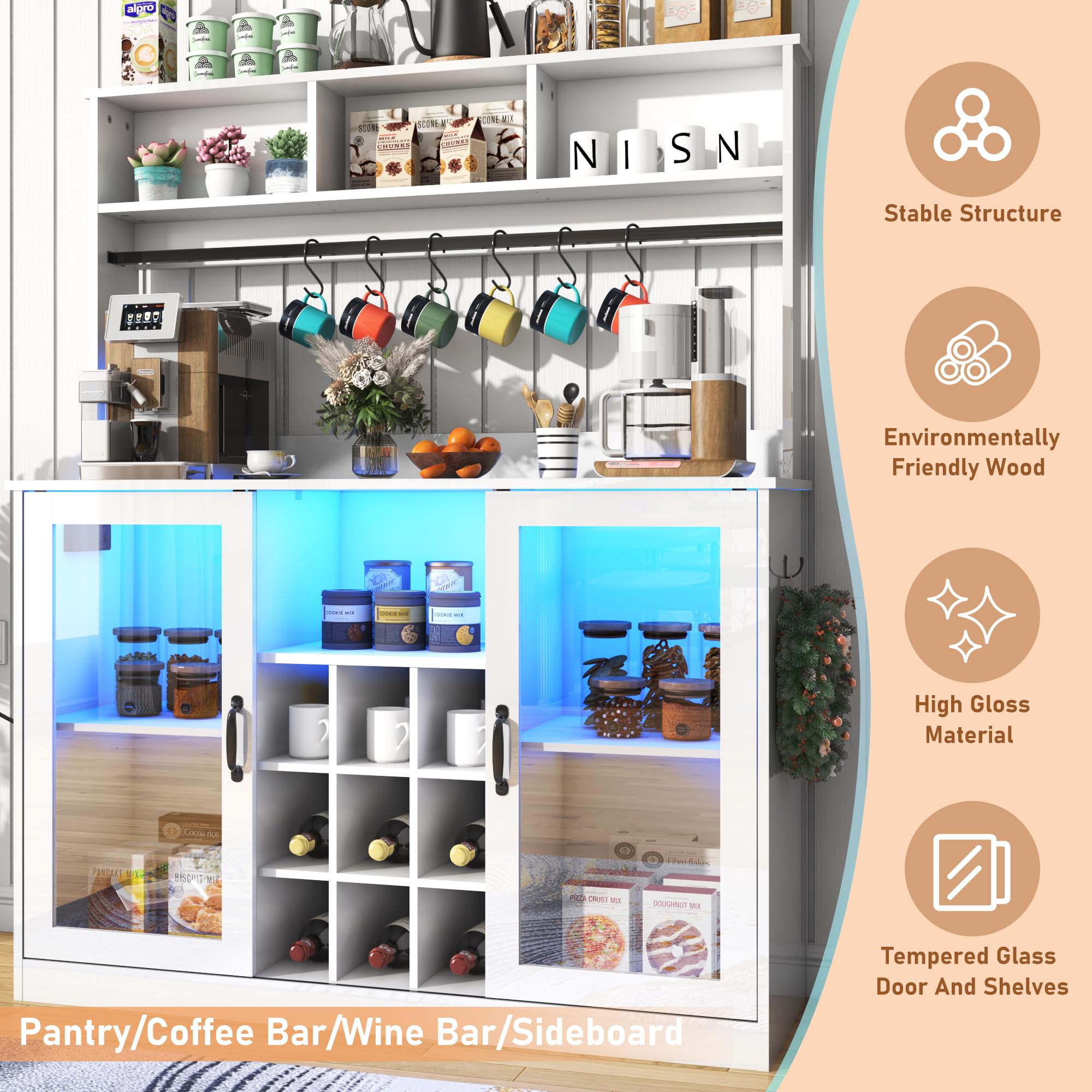 Blotout LED Kitchen Pantry Storage Cabinet with Power Outlet, 58" Tall Bar Cabinet with Lights, Adjustable Shelf, 9 Wine Racks, 6 Hooks , Morden Glass Door Cabinet with Storage, Black