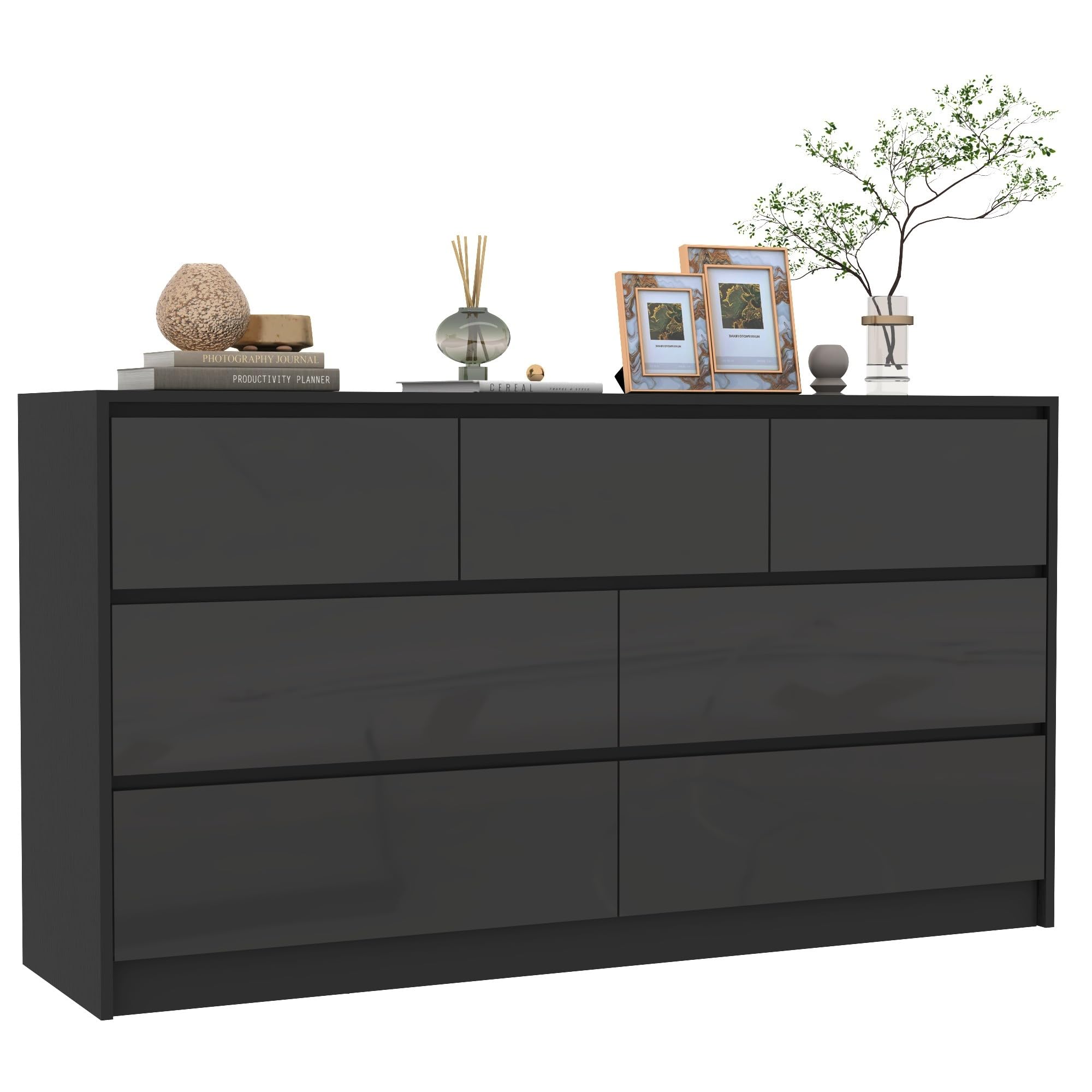 Blotout Modern Black Dresser for Bedroom, 55" Long Dresser High Gloss Dresser with 7 Drawers, Large Wood Chest of Drawer Handle Free, Dresser for Bedroom, Living Room, Entryway, Hallway