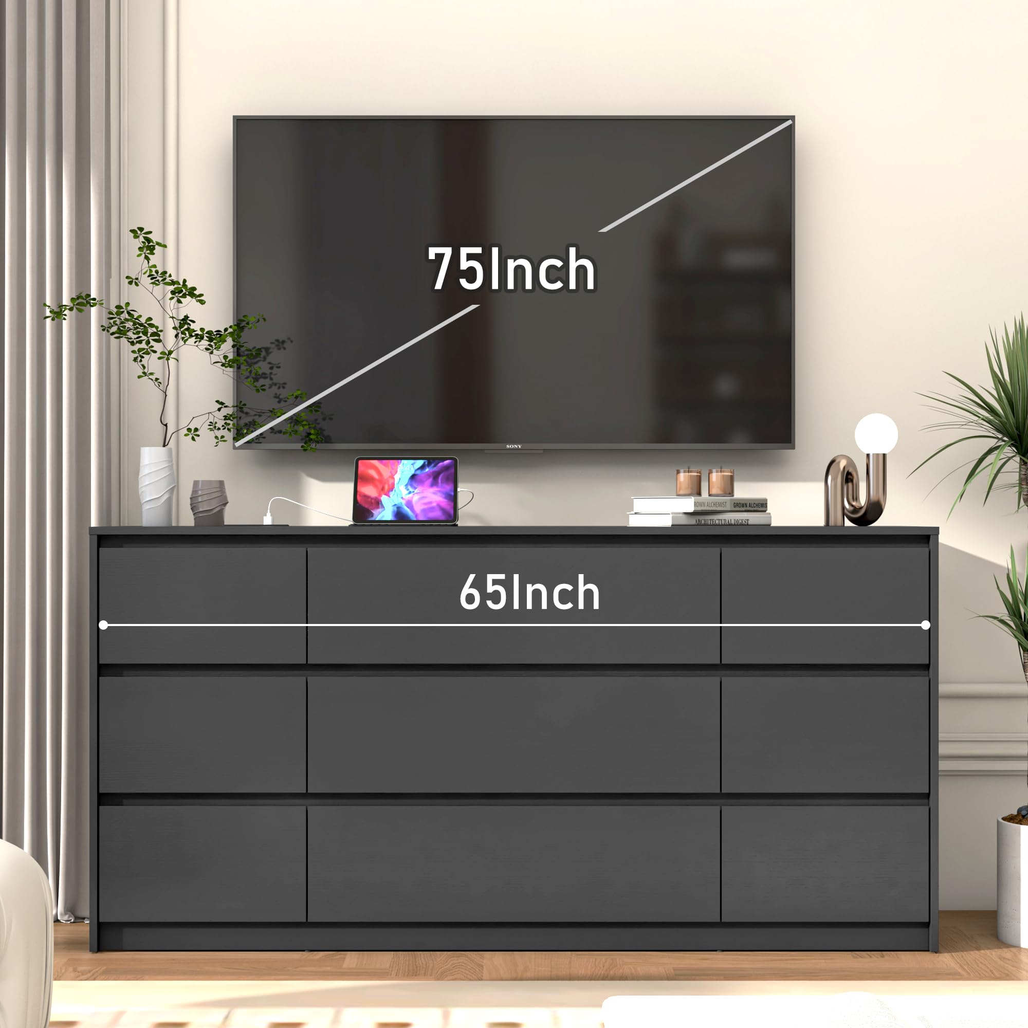 Blotout Modern Black 9 Dresser for Bedroom with Charging Station, 63" Large Wood Chest of 9 Drawers Handle Free, Long Dresser Drawers for Bedroom, Living Room, Entryway, Hallway