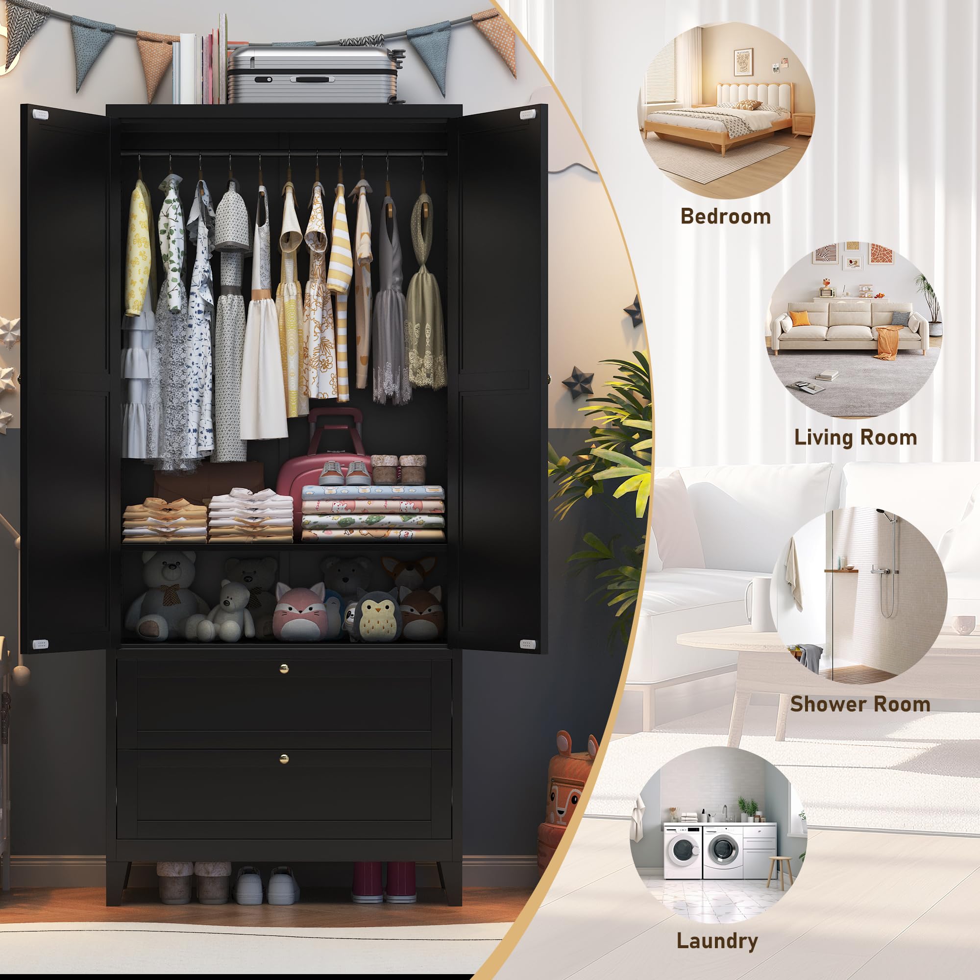 71" 2 Door Armoire Wardrobe Closet with 2 Drawers, Metal Armoire Closet Clothing Storage Cabinet with Hanging Rod & Adjustable Shelf for Bedroom Dorm