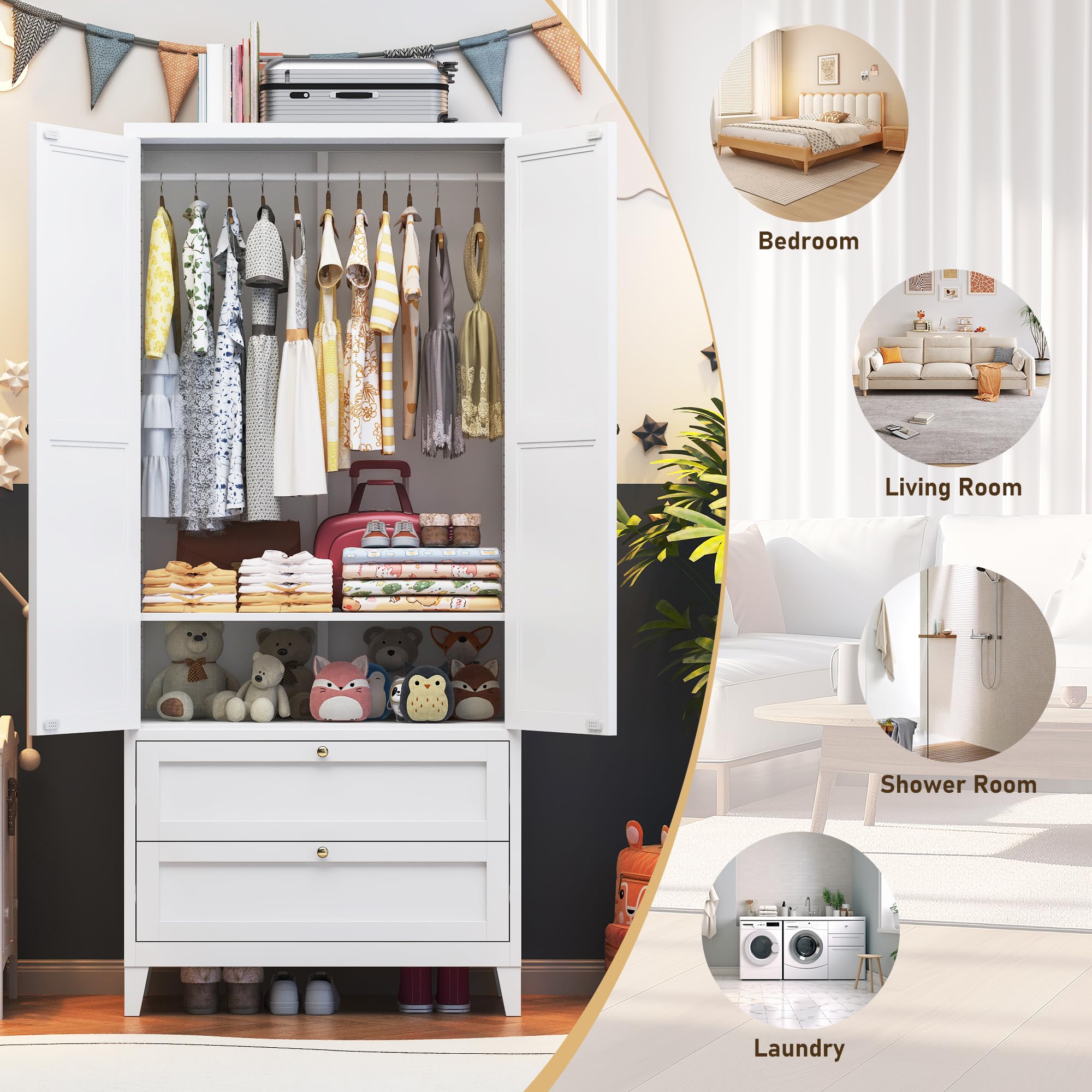 71" 2 Door Armoire Wardrobe Closet with 2 Drawers, Metal Armoire Closet Clothing Storage Cabinet with Hanging Rod & Adjustable Shelf for Bedroom Dorm