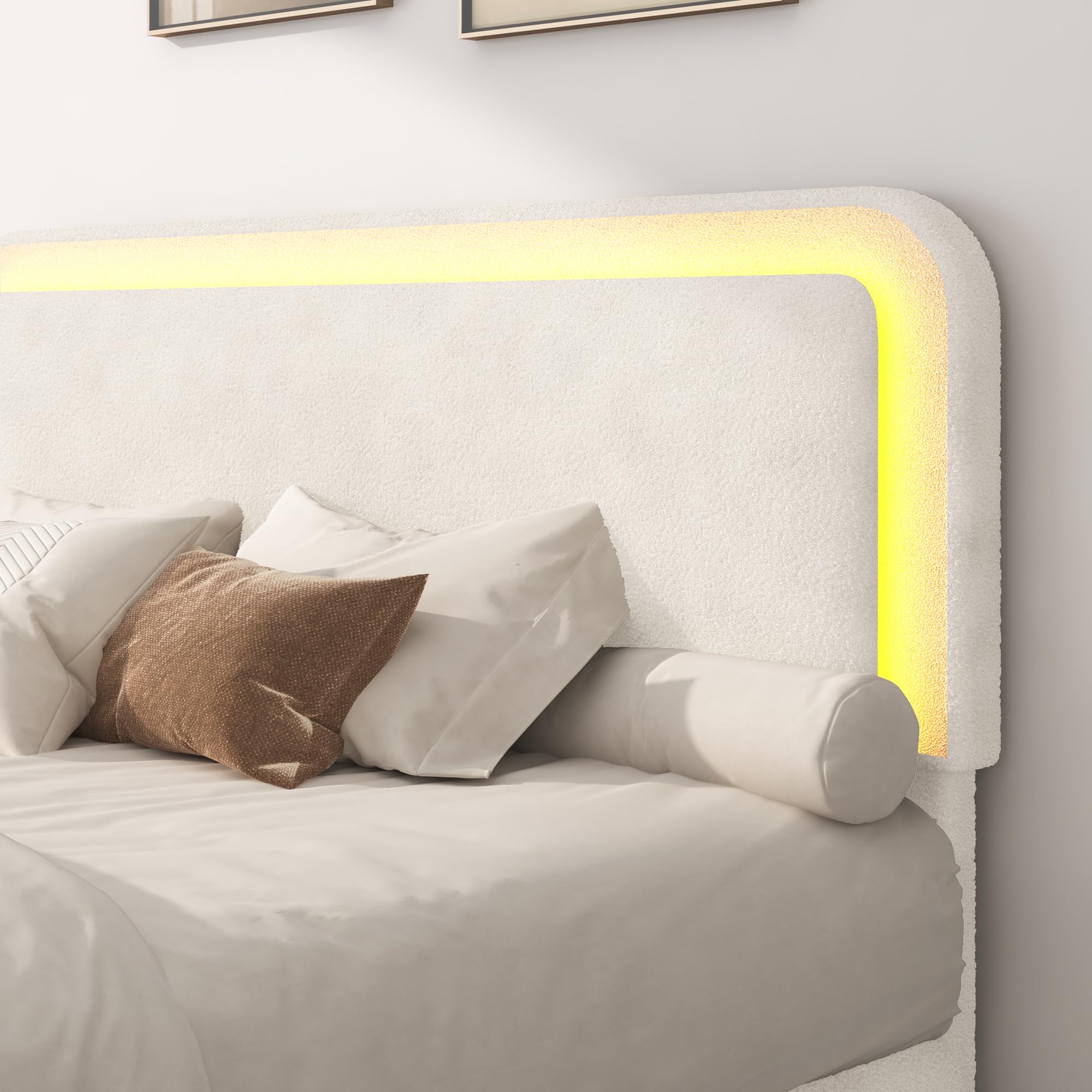 Boucle Bed Frame with LED Light & Adjustable Headboard, Upholstered Platform Bed with Soft Curved Corners