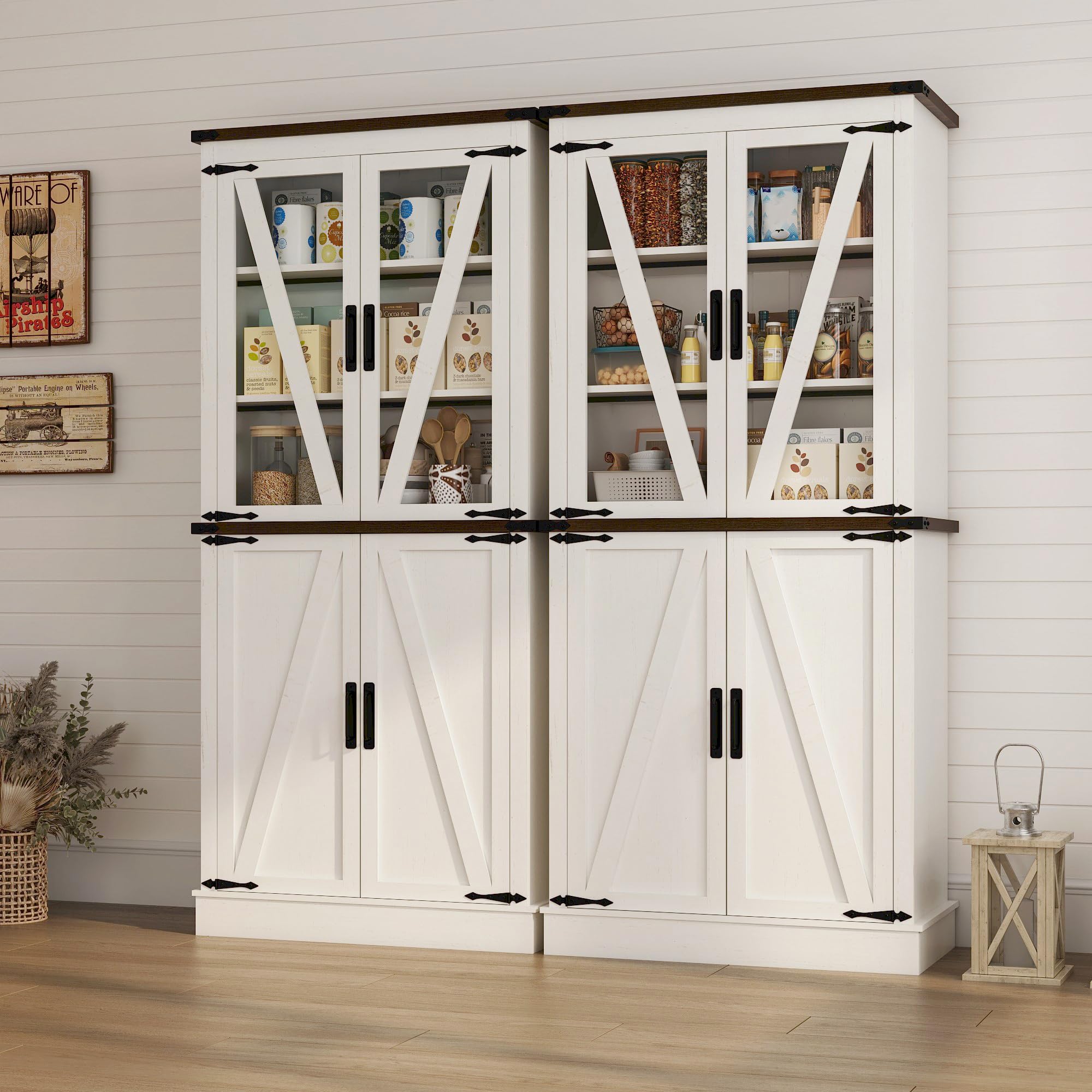 71" Farmhouse Kitchen Pantry Cabinet, Tall Storage Cabinet Wood Food Pantry with Barn Doors and Adjustable Shelves Versatile Storage Freestanding Cupboard for Kitchen