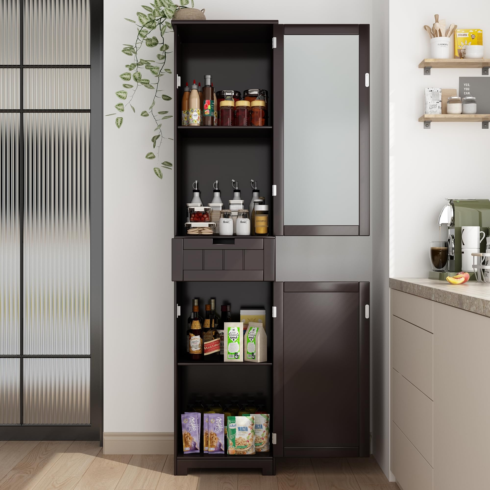 Blotout 64" White Tall Bathroom Cabinet, 6 Shelf Morden Bathroom Storage Cabinet with 4 Doors/Adjustable Shelf,Floor Freestanding Cabinet for Bathroom,Kitchen,Living Room