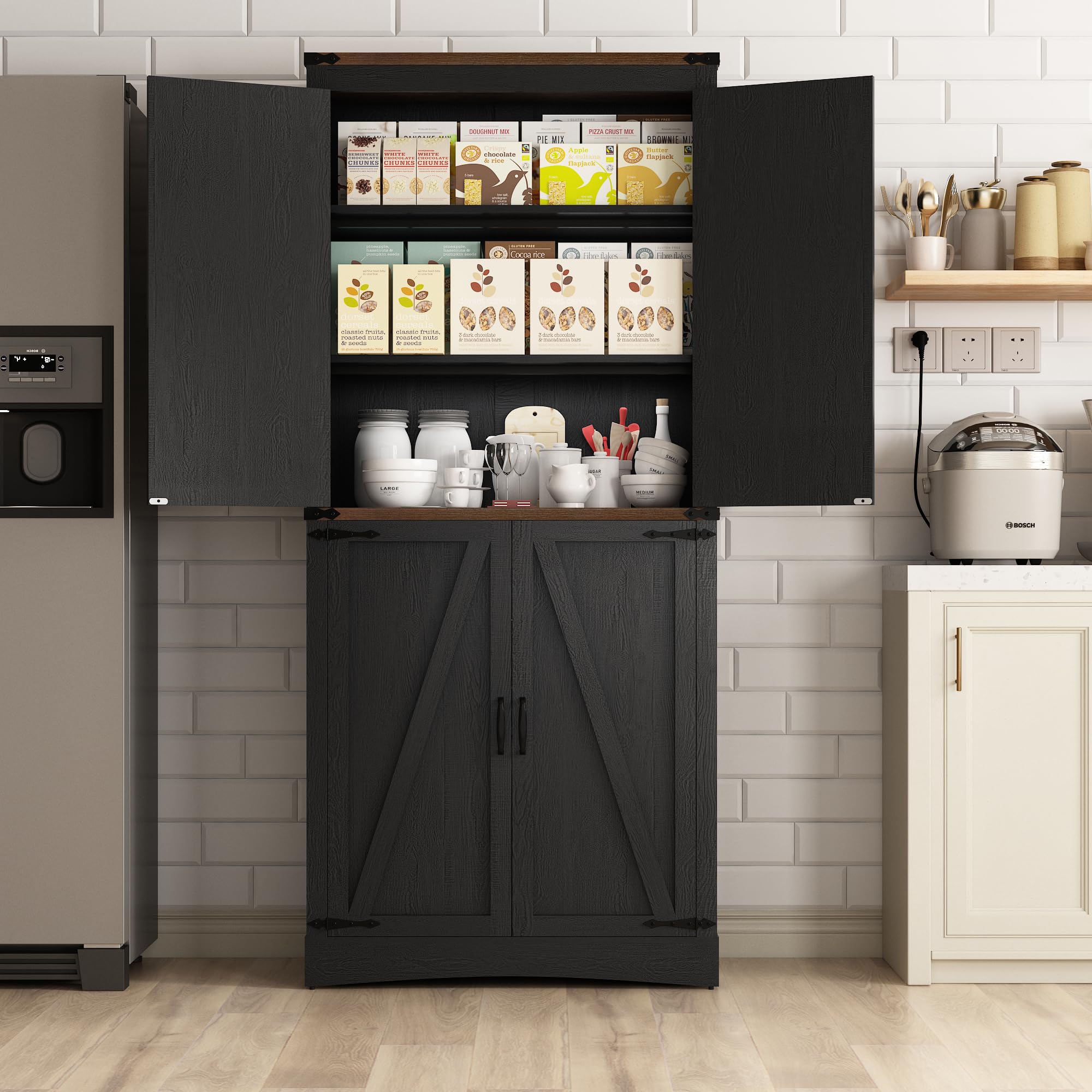 71" Tall Farmhouse Kitchen Pantry Cabinet, 5 Layers Storage Cabinet with Adjustable Shelves, Farmhouse Pantry Cabinet with 4 Barn Doors for Kitchen, Dining Room, Bathroom, Living Room, Rustic White