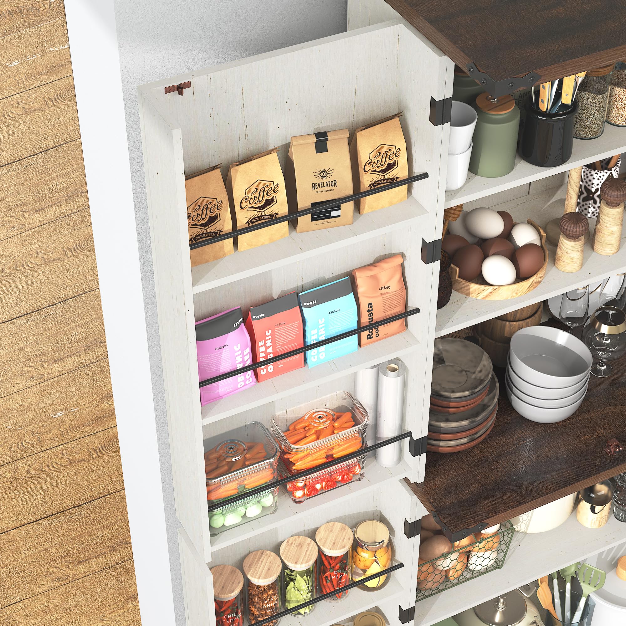 71" Tall Farmhouse Kitchen Pantry with 12 Side Shelves, 5 Layers Pantry Storage Cabinet w/Load-Bearing Steel Pipe & 4 Barn Doors/Adjustable Shelves for Kitchen, Dining Room, Living Room, Brown