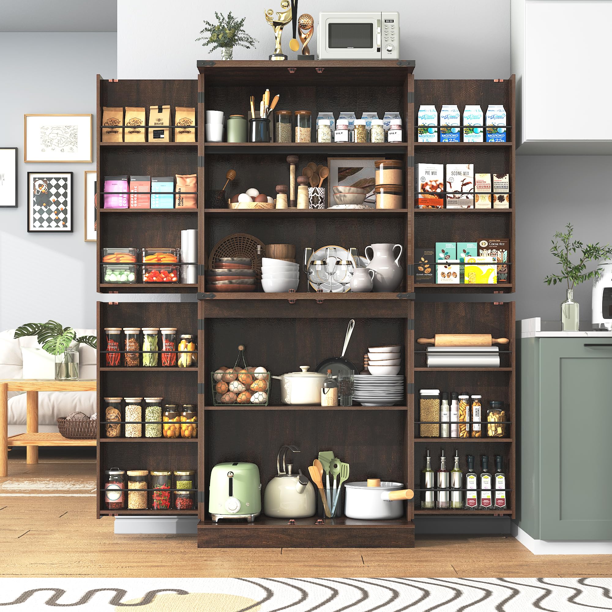 71" Tall Farmhouse Kitchen Pantry with 12 Side Shelves, 5 Layers Pantry Storage Cabinet w/Load-Bearing Steel Pipe & 4 Barn Doors/Adjustable Shelves for Kitchen, Dining Room, Living Room, Brown