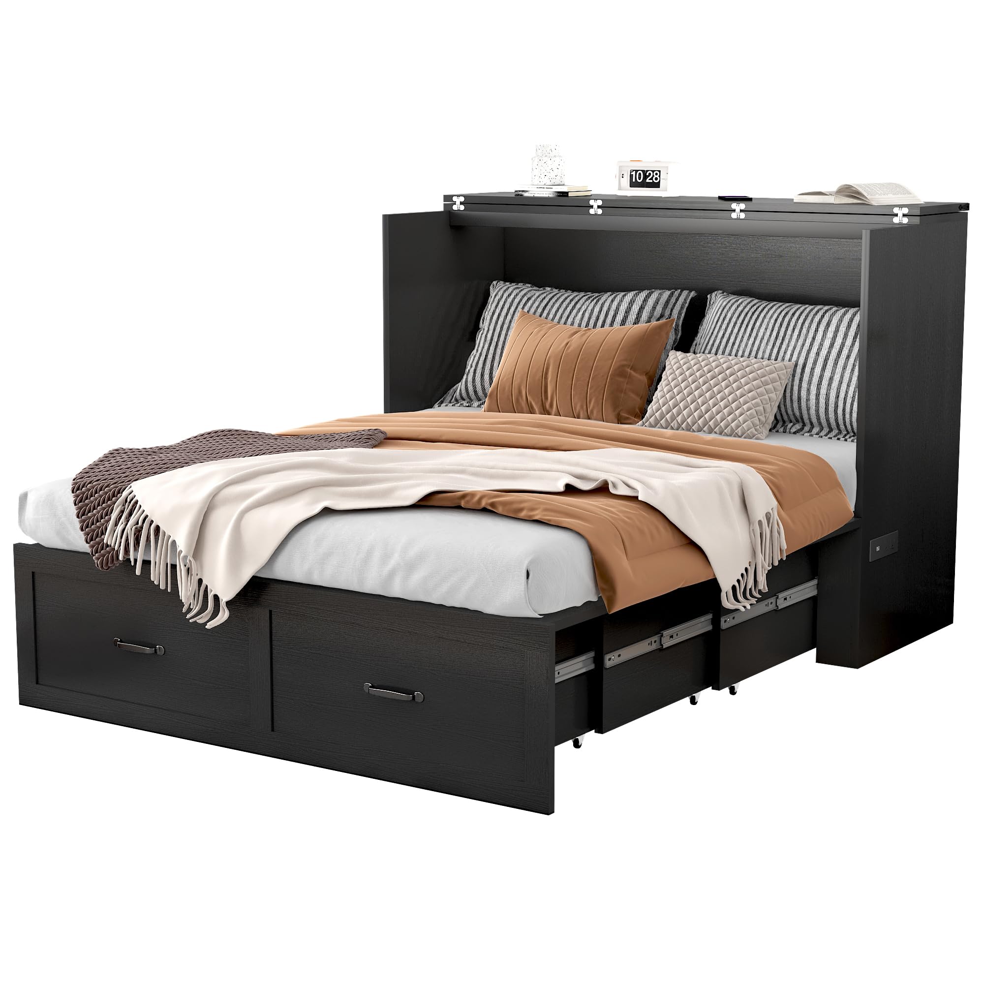 ANPOO Full Size Murphy Chest Bed with 2 Drawers & Power Outlets, Farmhouse Wood 2 in 1 Convertible Chest Bed Cabinet with Storage, Multifunctional Storage Cabinet Bed for Bedroom,Office,White