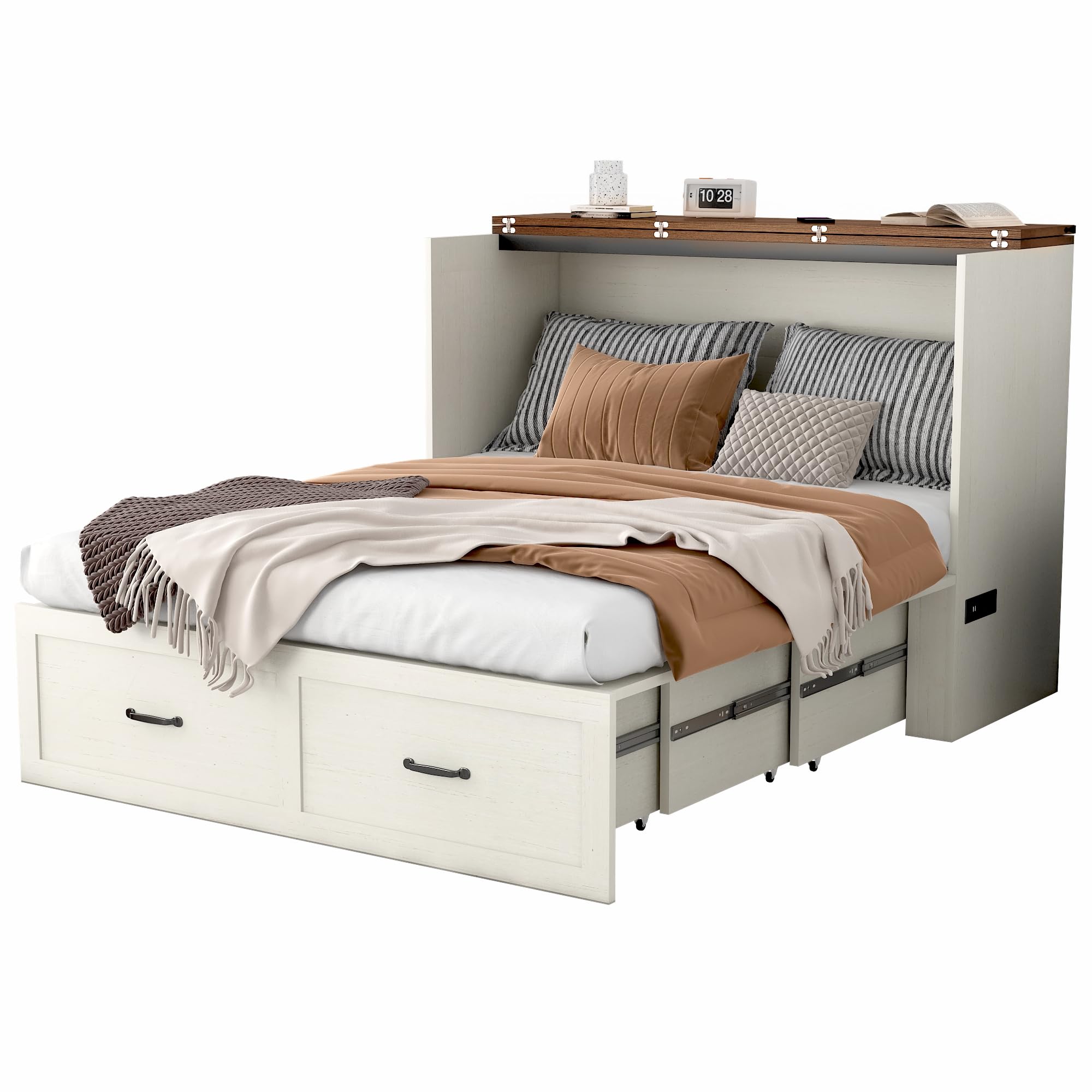 ANPOO Full Size Murphy Chest Bed with 2 Drawers & Power Outlets, Farmhouse Wood 2 in 1 Convertible Chest Bed Cabinet with Storage, Multifunctional Storage Cabinet Bed for Bedroom,Office,White