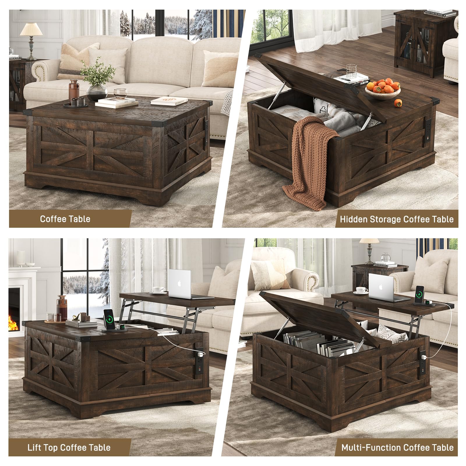 ANPOO 40" Large Farmhouse Lift Top Coffee Table with Storage & Power Outlets, Square Coffee Table w/Large Hidden Storage, Lift Wooden Barn Door Center Table for Home, Office,Rustic White