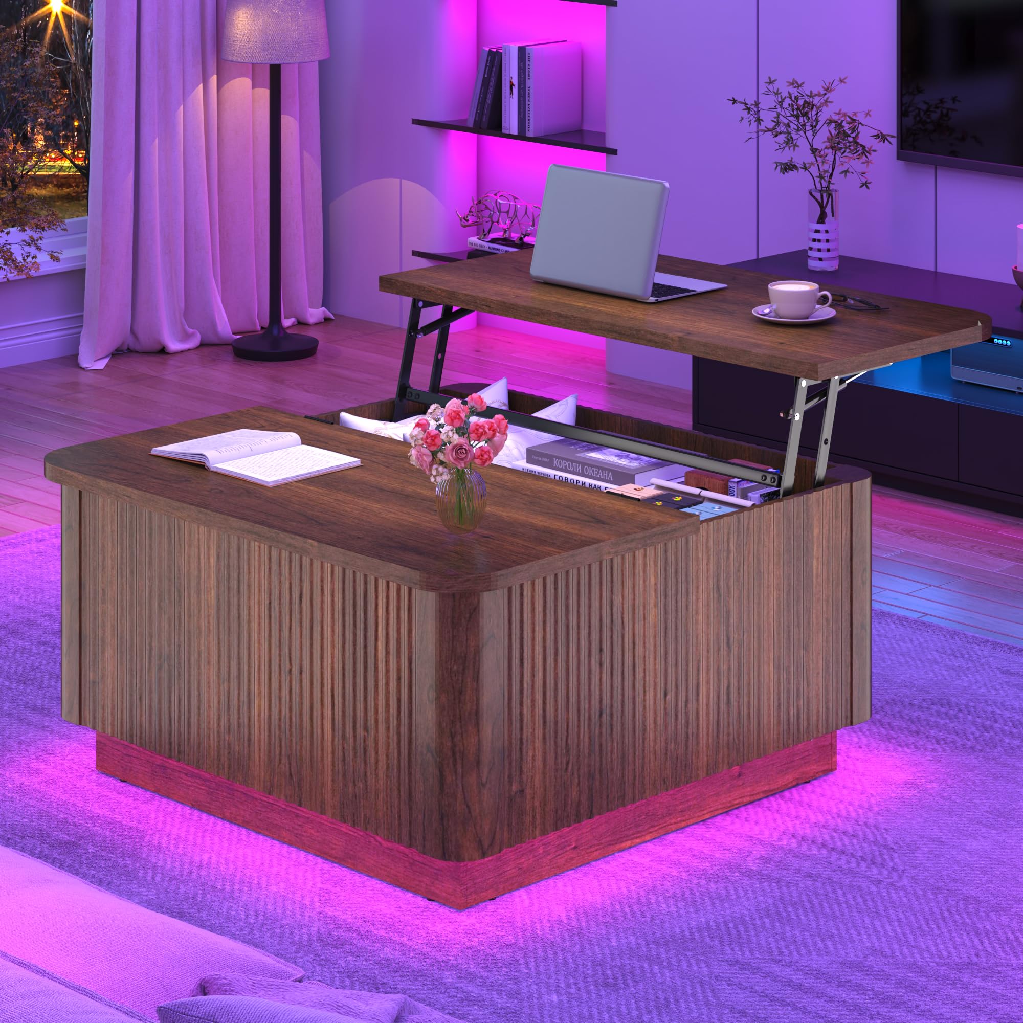 Blotout 35.4" Square Fluted Coffee Table with Lift Top and LED Lights, Wood Curved Design Center Table for Living Room, Modern Multi-Function Coffee Table with Large Hidden Space for Home,Office