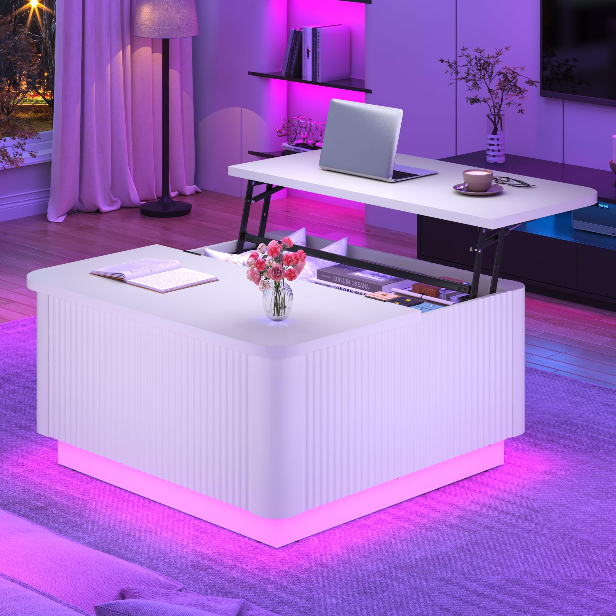 Blotout 35.4" Square Fluted Coffee Table with Lift Top and LED Lights, Wood Curved Design Center Table for Living Room, Modern Multi-Function Coffee Table with Large Hidden Space for Home,Office