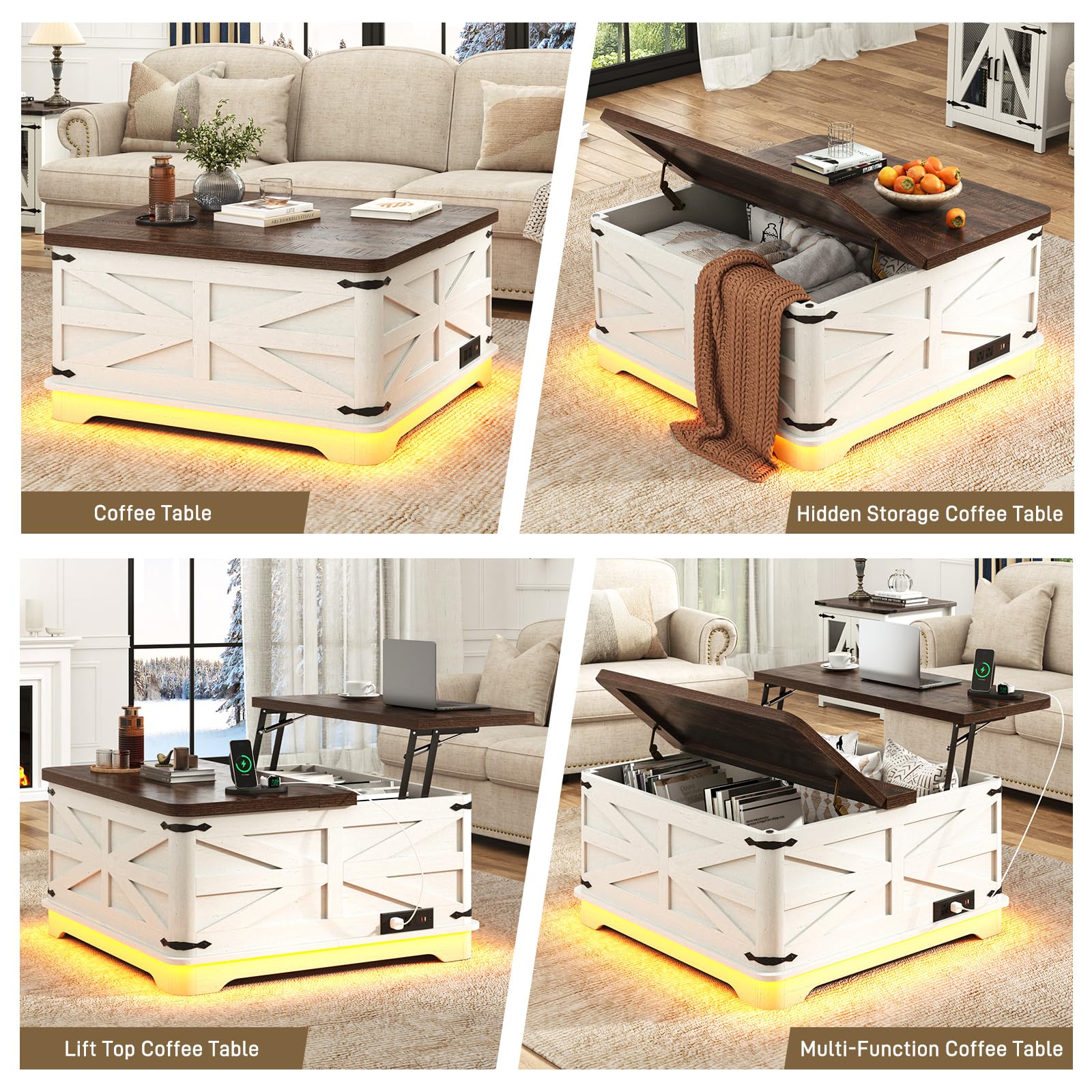 Blotout Farmhouse Lift Top Coffee Table with LED Light and Power Outlets, 36" Square Wood Living Room Storage Tables with Large Hidden Space, Lift Wooden Barn Door Center Table