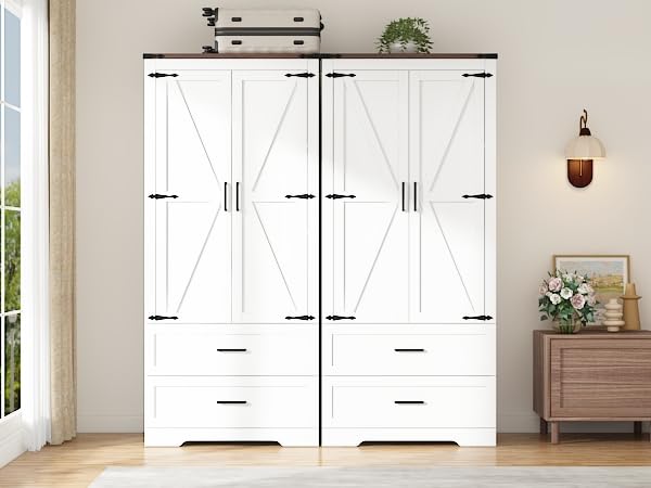 Blotout 2 Door Farmhouse Armoire Wardrobe Closet With 2 Drawers, 70" Tall Wooden Wardrobe Cabinet with Hanging Rod and Adjustable Shelves for Bedroom, White