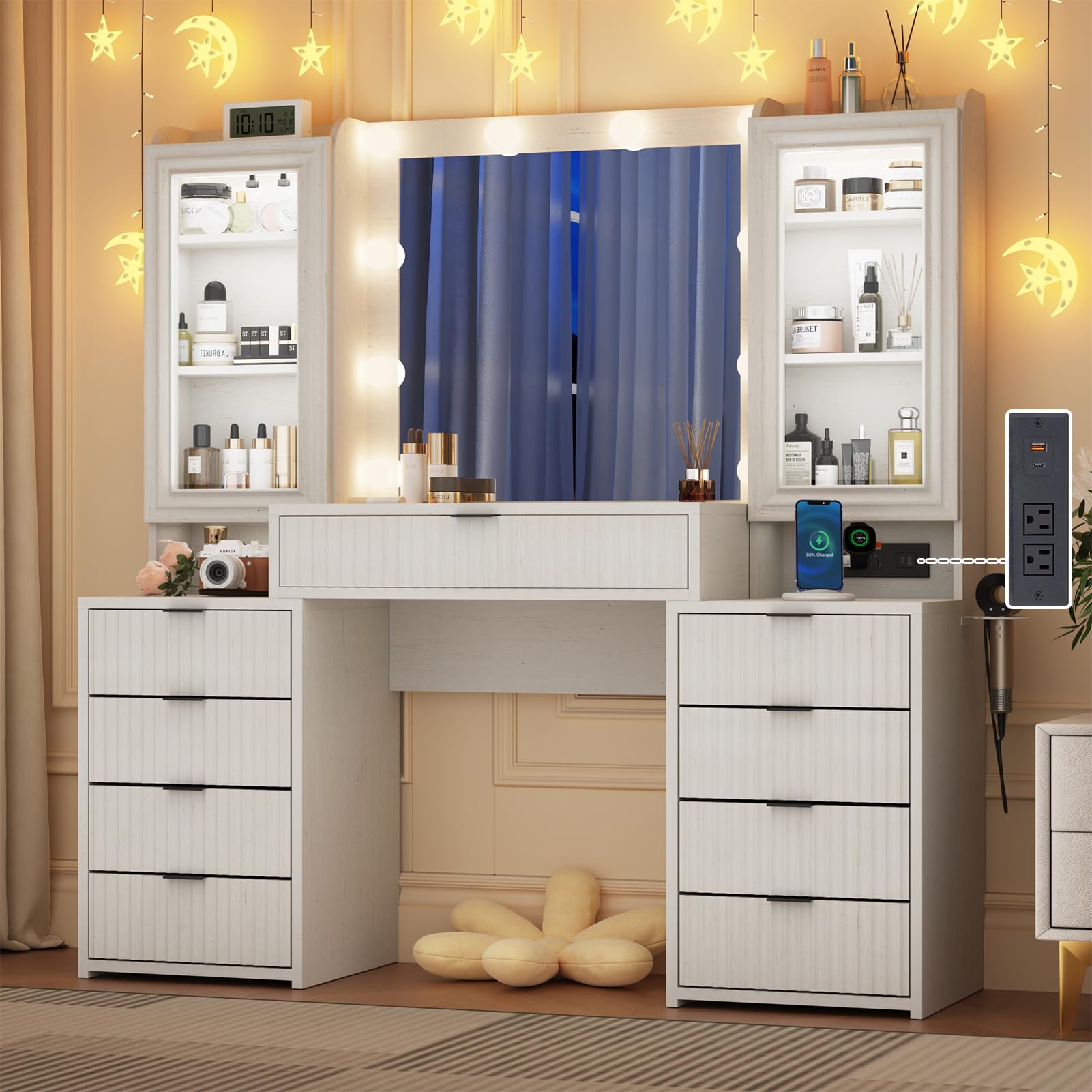 55" Large Vanity Desk with Mirror & Lights, Glass Top Vanity Desk with Charging Station & Compartment Storage Drawers, Fluted Makeup Vanity Table with 9 Drawers/6 Shelves/2 Glass Cabinets, Oak