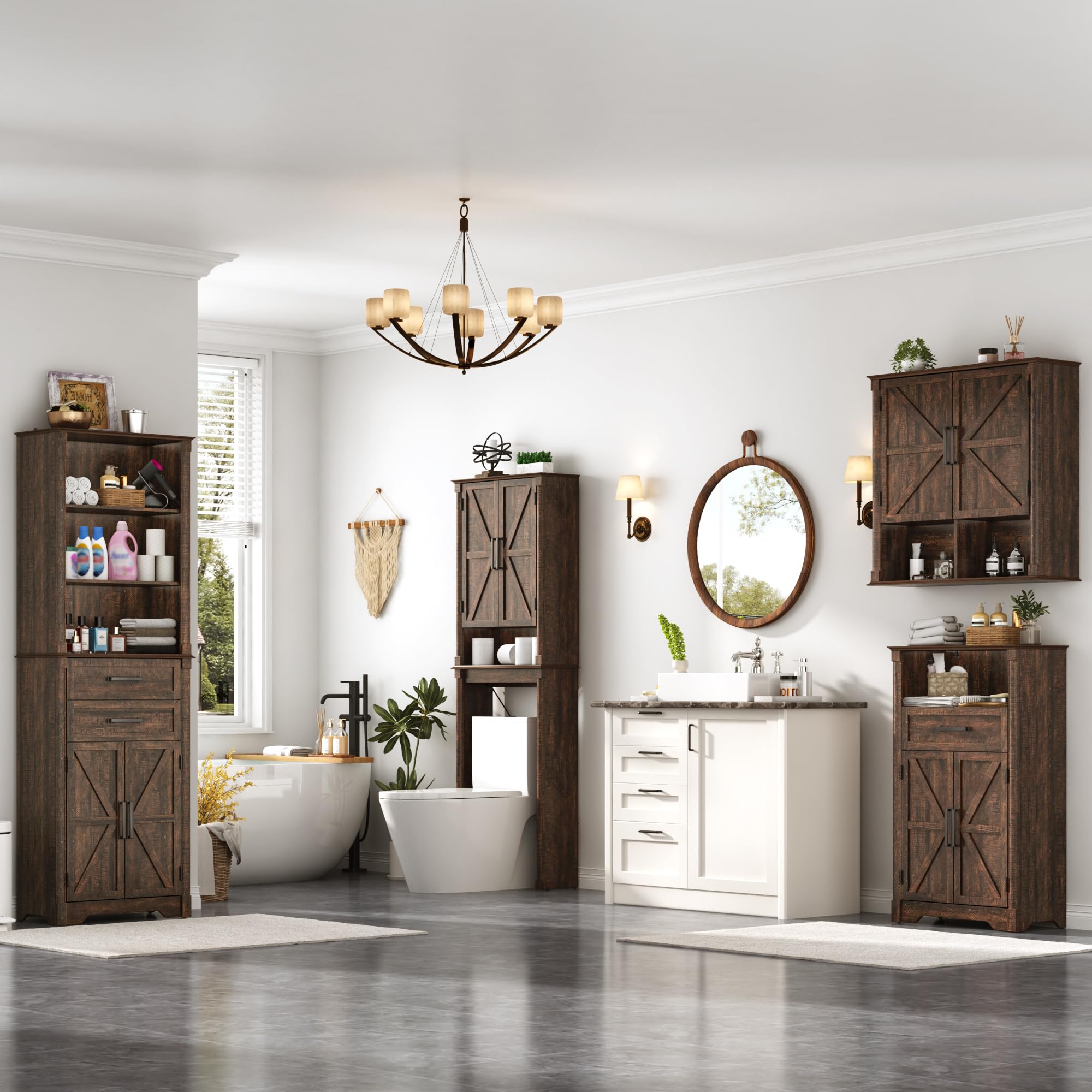 Farmhouse Wall Medicine Cabinets with 2 Barn Doors, Wood Bathroom Storage Cabinet with Roman Column Decor,Farmhouse Double Storage Cabinets with Adjustable Shelf & Door Cabinets, Rustic White