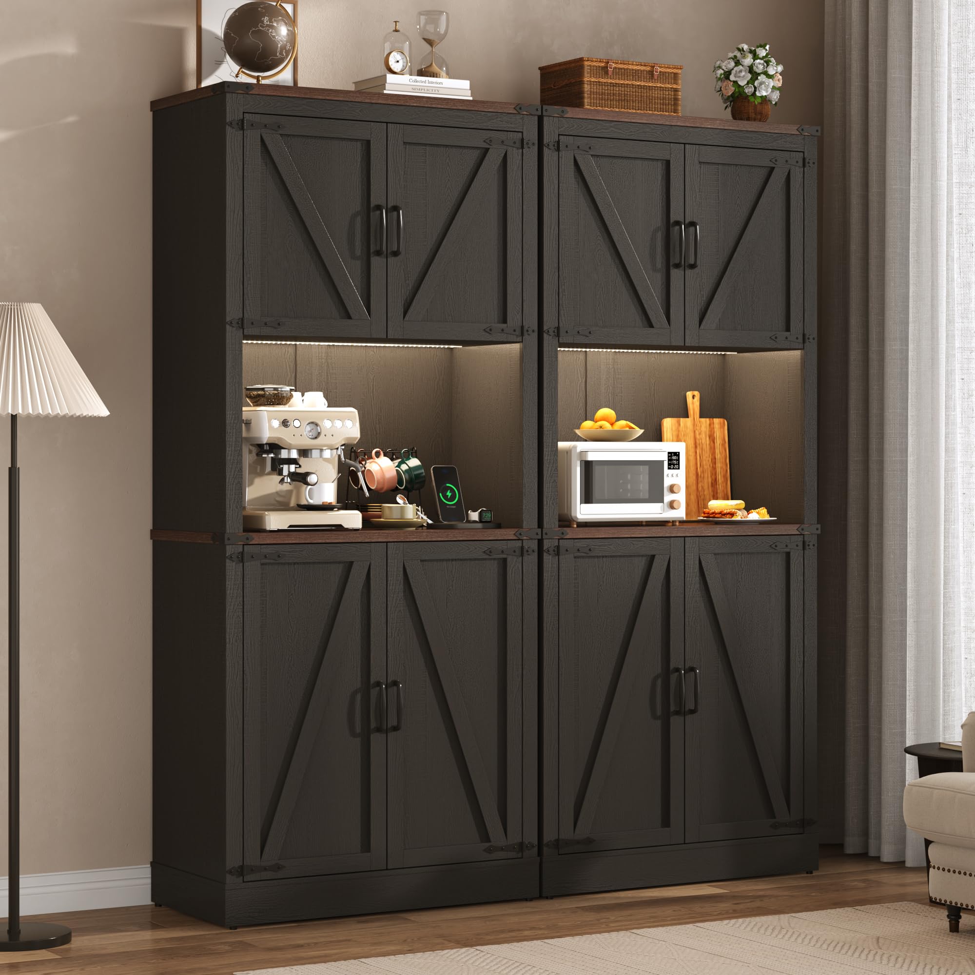 72" Tall Farmhouse Kitchen Pantry Cabinet with 10 Side Shelves and LED Light & Power Outlet, 5 Layers Pantry Storage Cabinet with Barn Doors&Load-Bearing Steel Pipe for Dining Room,Living Room