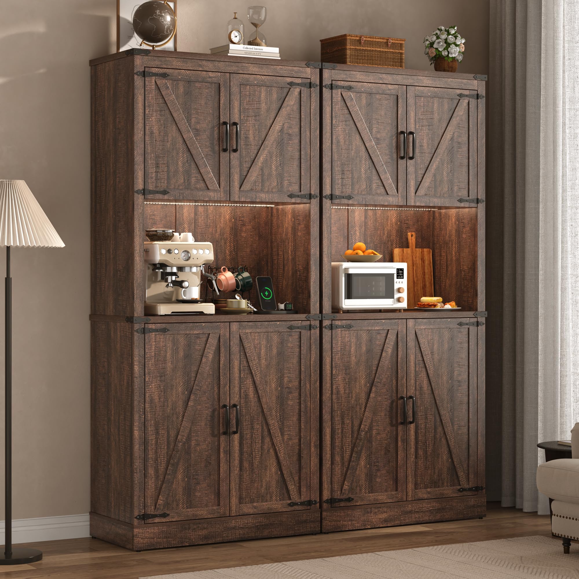 72" Tall Farmhouse Kitchen Pantry Cabinet with 10 Side Shelves and LED Light & Power Outlet, 5 Layers Pantry Storage Cabinet with Barn Doors&Load-Bearing Steel Pipe for Dining Room,Living Room