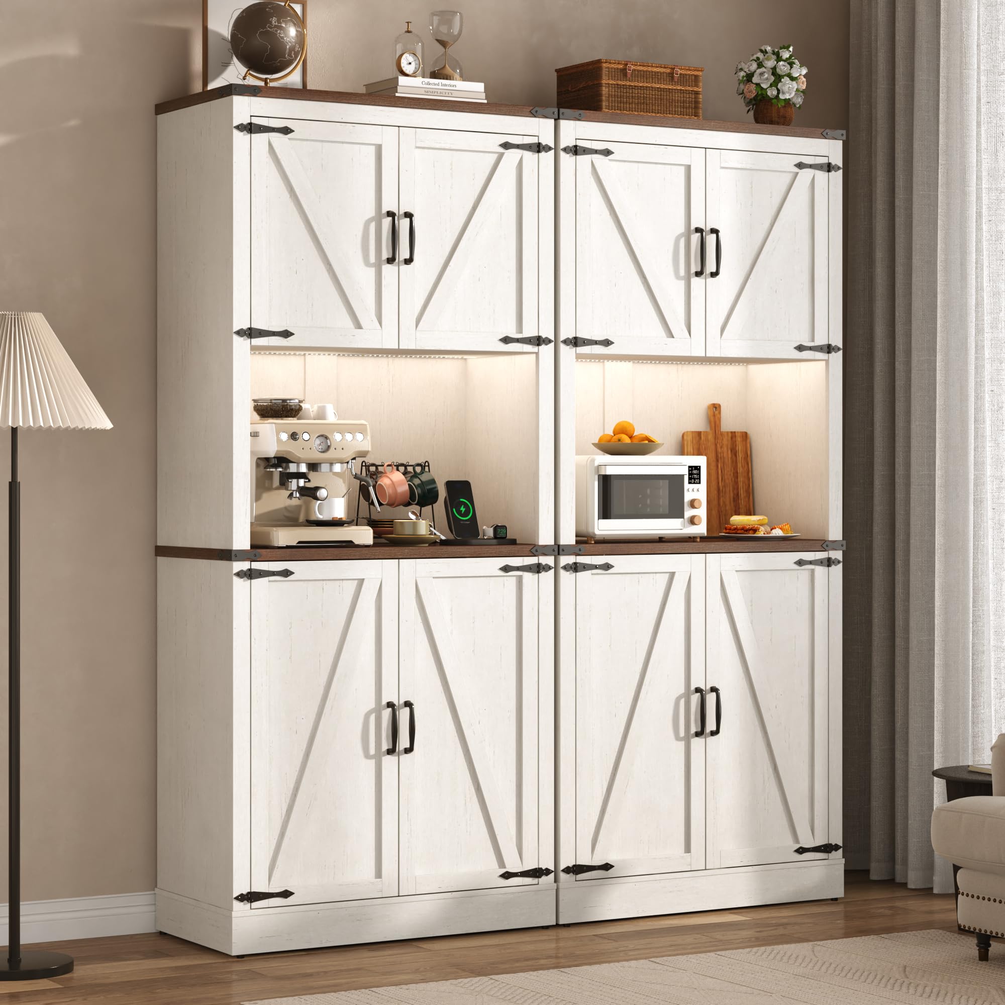72" Tall Farmhouse Kitchen Pantry Cabinet with 10 Side Shelves and LED Light & Power Outlet, 5 Layers Pantry Storage Cabinet with Barn Doors&Load-Bearing Steel Pipe for Dining Room,Living Room