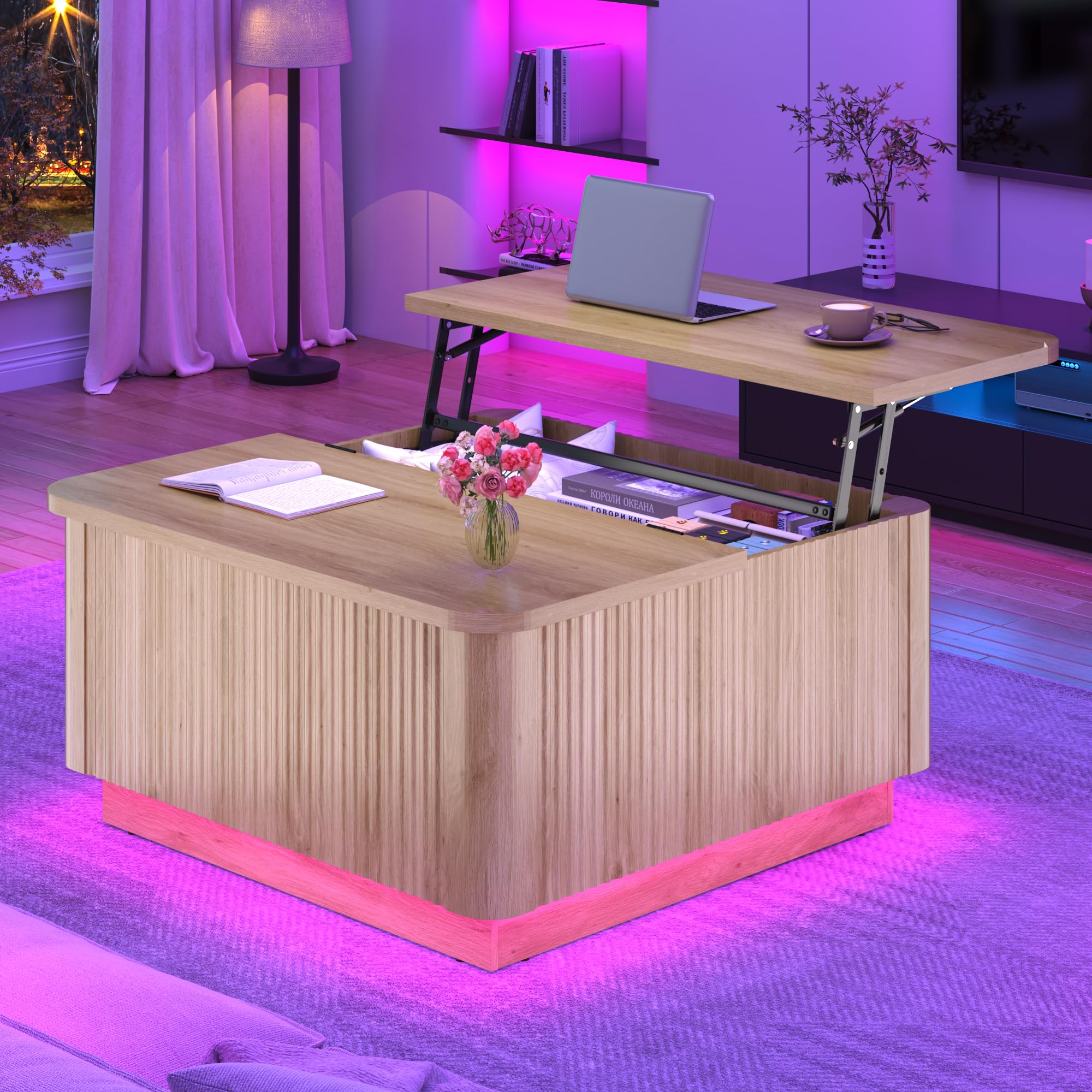 Blotout 35.4" Square Fluted Coffee Table with Lift Top and LED Lights, Wood Curved Design Center Table for Living Room, Modern Multi-Function Coffee Table with Large Hidden Space for Home,Office