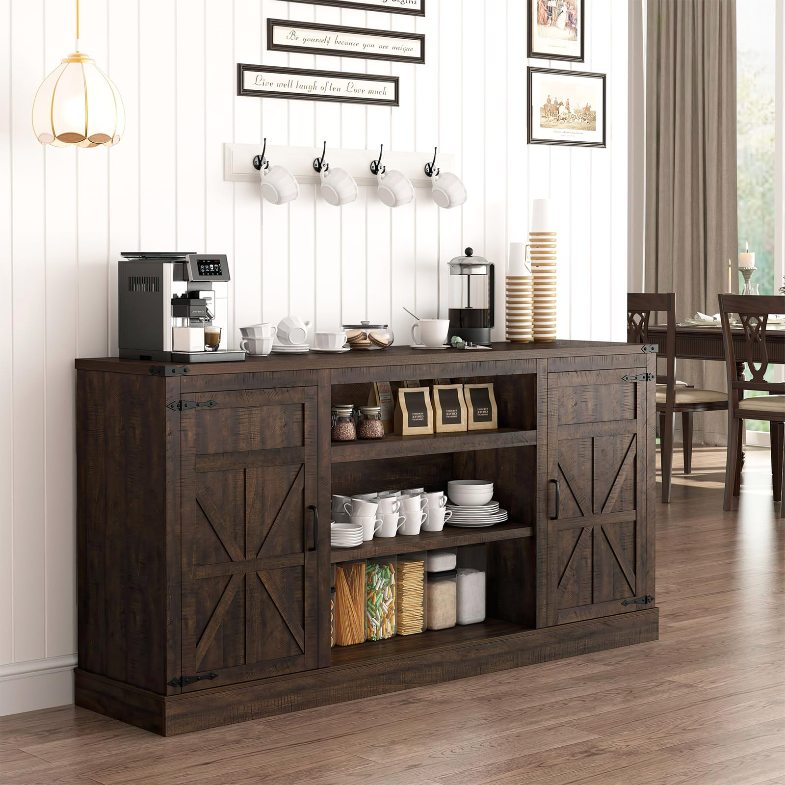 66'' Large Bar Cabinet, Farmhouse Coffee Bar Cabinet with Power Outlet with Adjustable Shelf, Kitchen Buffet Sideboard
