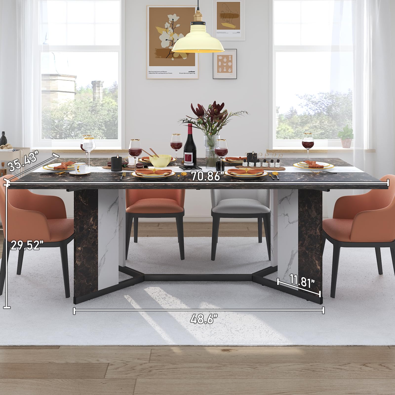 71" Large Dining Table for 6-10 People, Modern Luxurious Marble Family Rectangular Dinner Table